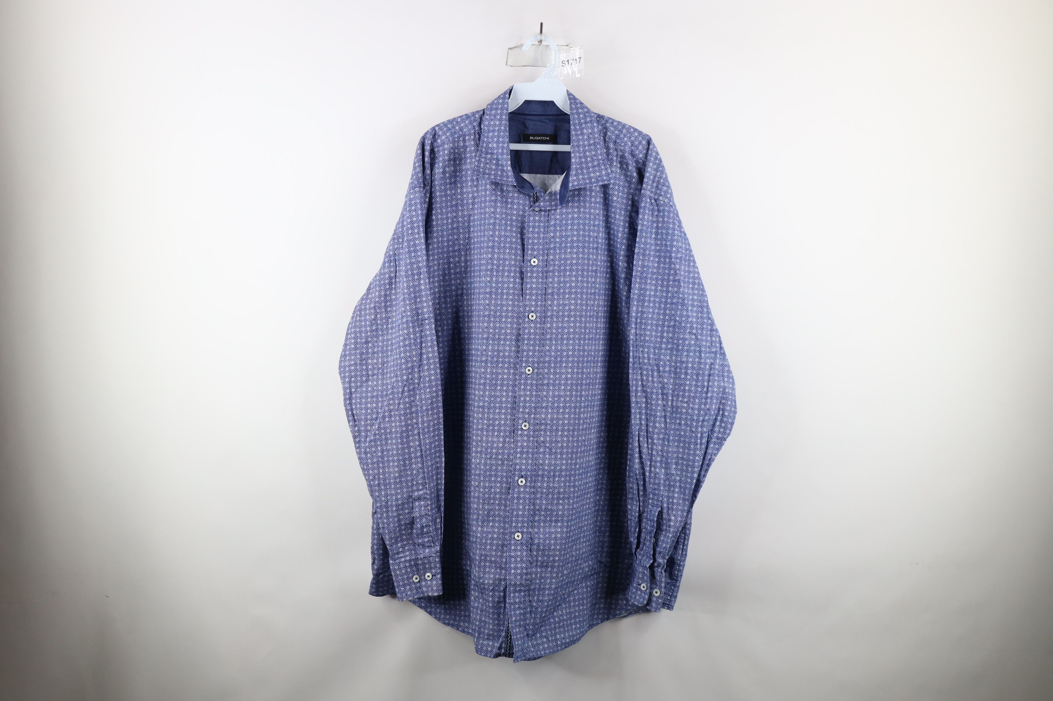 Vintage Bugatchi Uomo Geometric Collared Button Shirt Blue Cotton Size US XXL / EU 58 / 5 - 1 Thumbnail