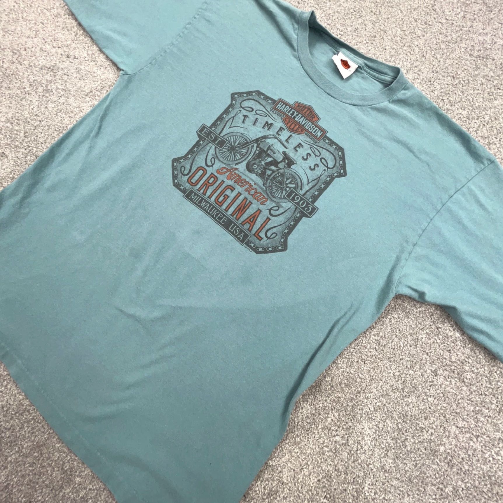 Harley Davidson Harley-Davidson Shirt Men XL Blue Green Graphic Tee Biker Motorcycle Fire Flame VTG Logo 80s USA Size US XL / EU 56 / 4 - 5 Thumbnail