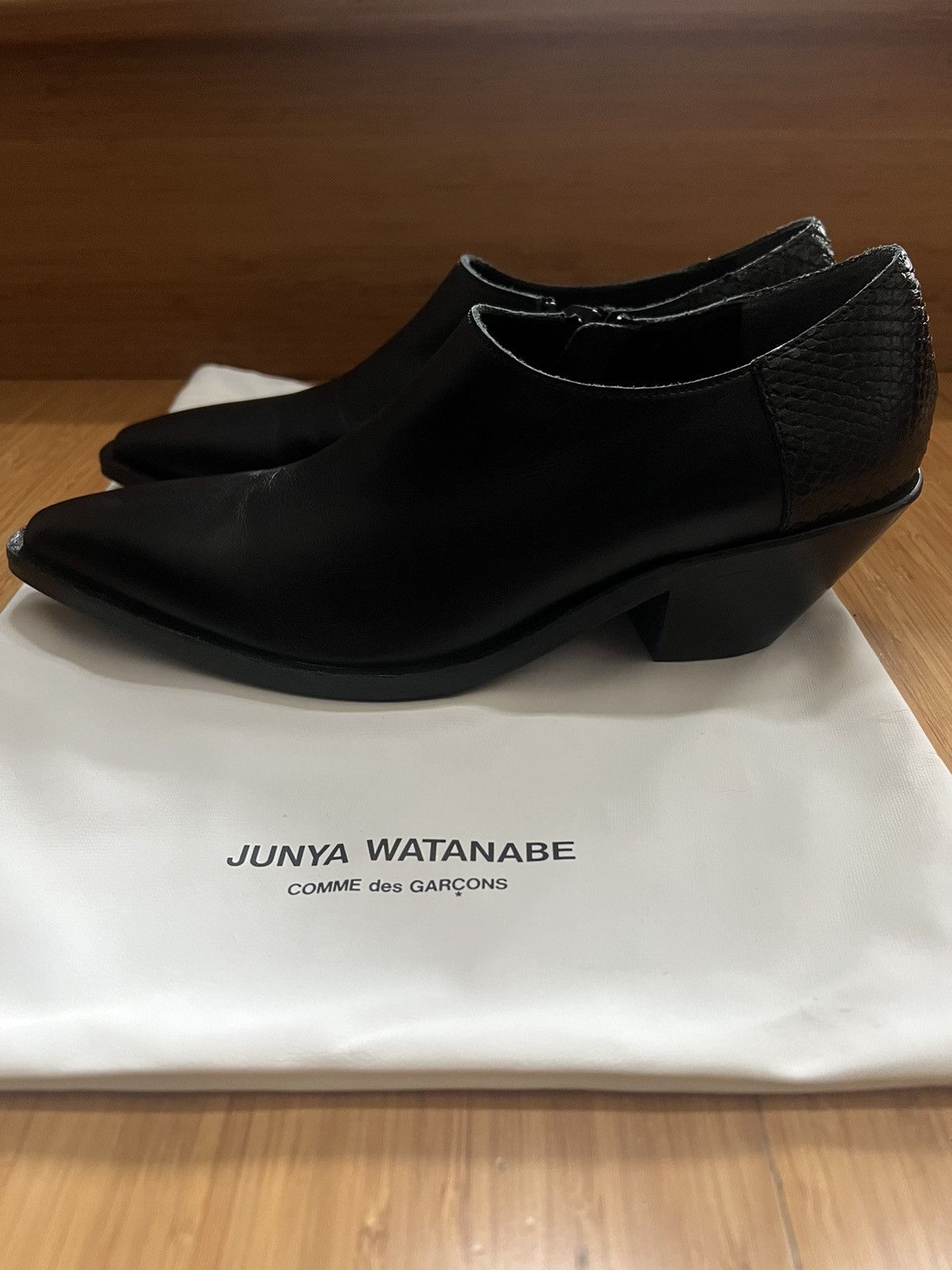 image of Junya Watanabe Comme Des Garçons Leather Ankle Boots in Black, Women's (Size 7)