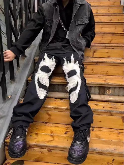 VIBE Retro black reset stitching skull workwear casual trousers Size US 32 / EU 48 - 8 Thumbnail