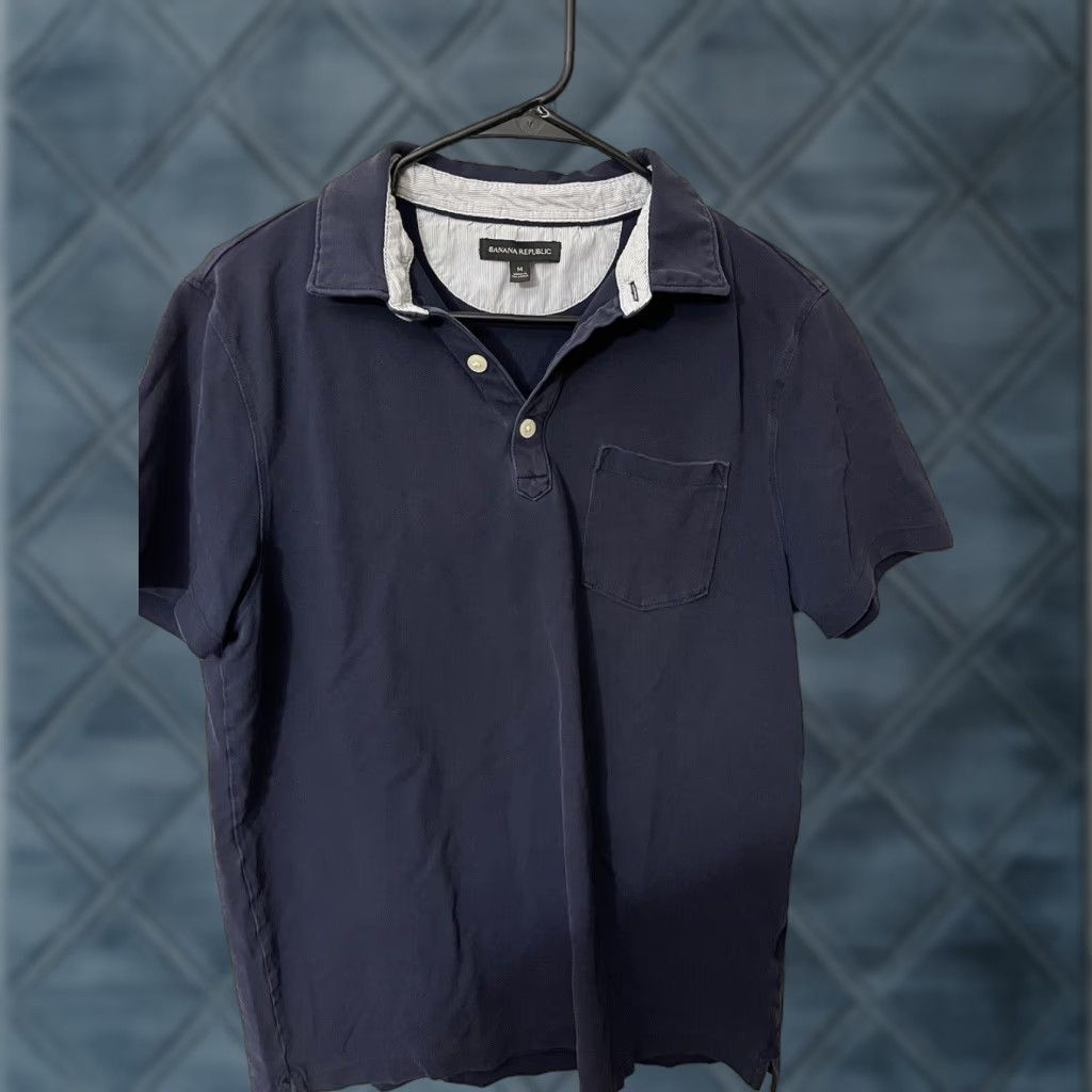 Banana Republic Banana Republic Polo Shirt Mens Medium Navy Blue Herringbone Stretch Slim Fit Short Sleeve Size US M / EU 48-50 / 2 - 1 Thumbnail