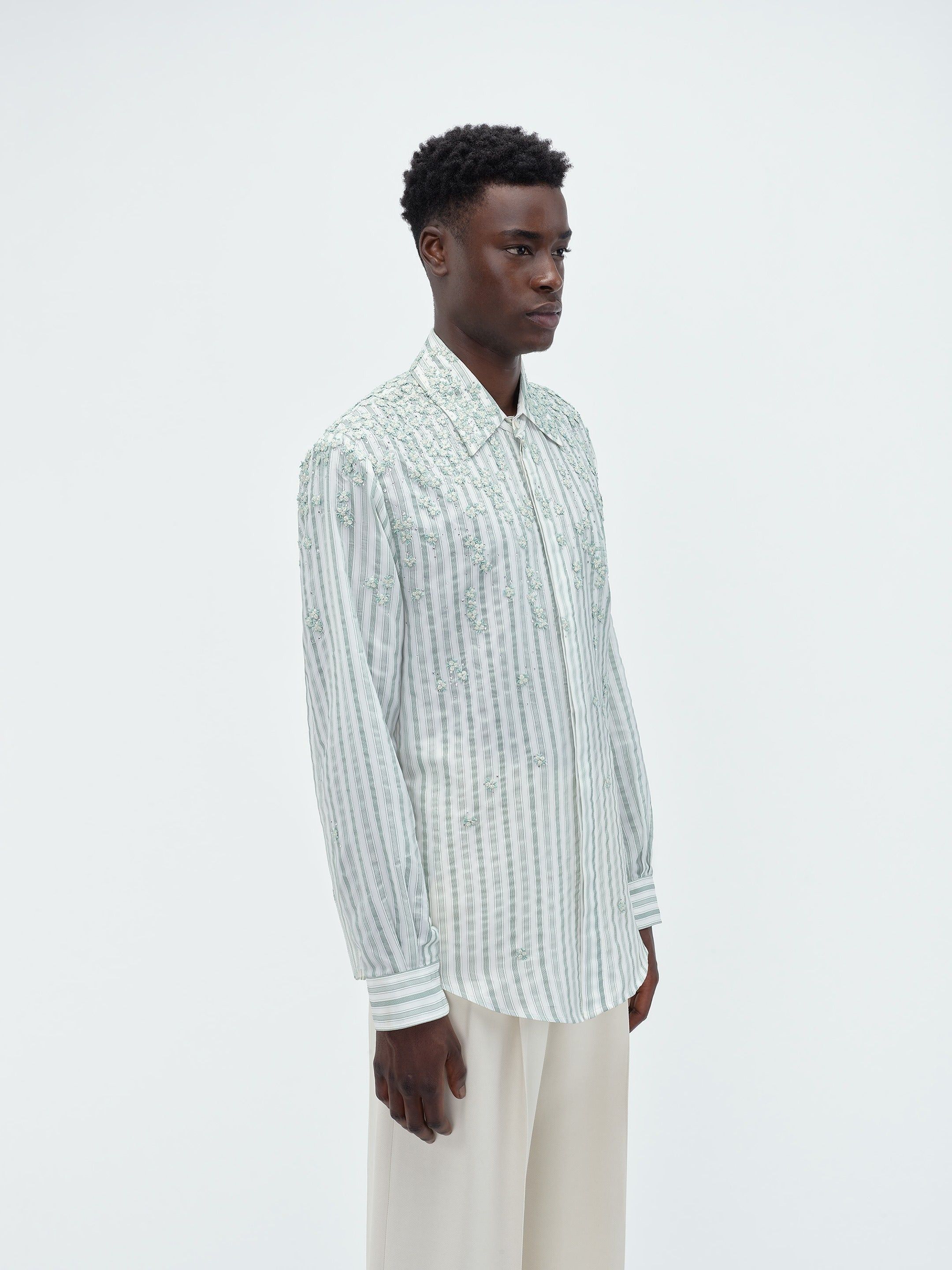 Amiri o1s1wg110425 Floral Stripe Shirt in White/Green Size US M / EU 48-50 / 2 - 4 Thumbnail