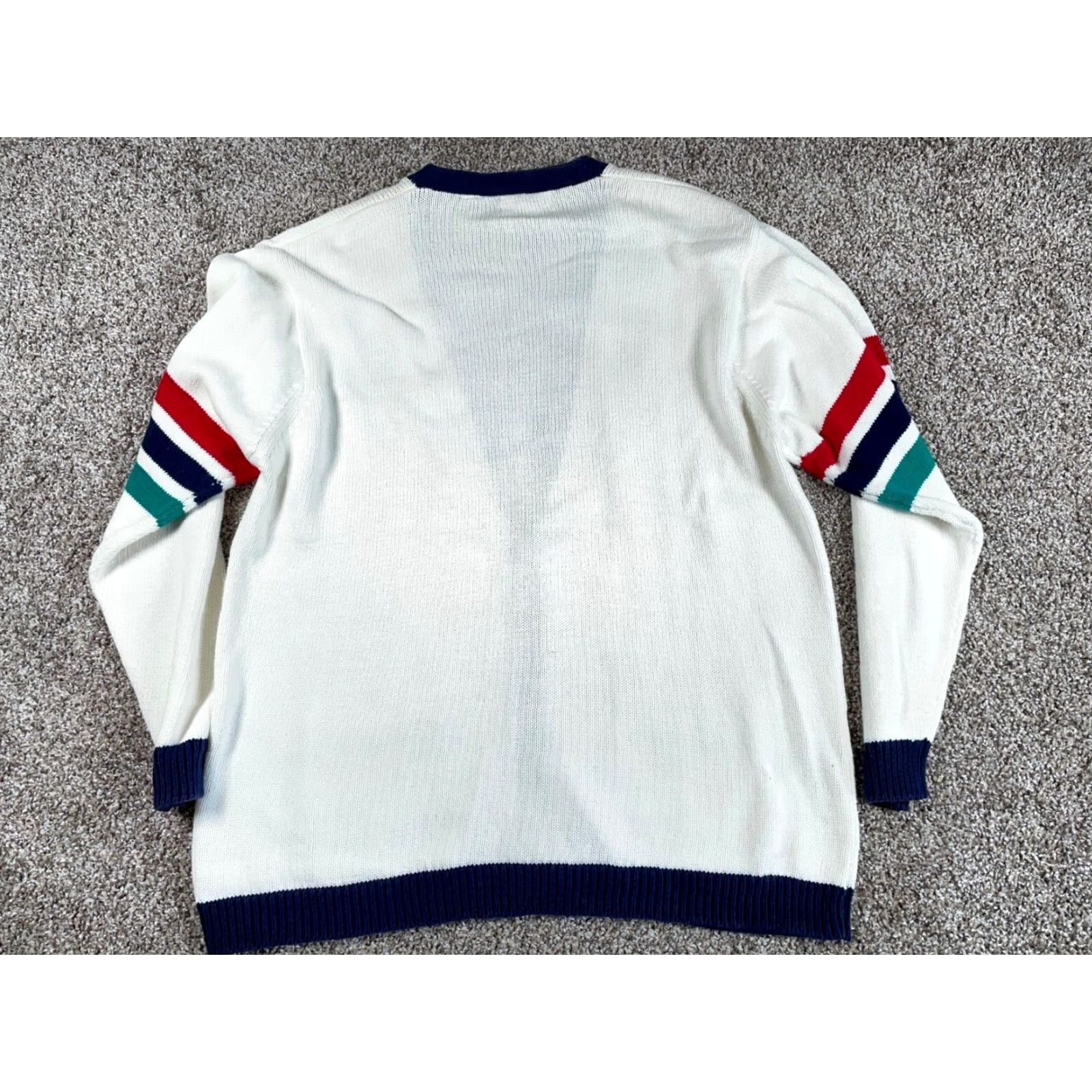 Vintage VINTAGE Women's XL 90s Collegiate Style Cardigan Sweater Alfred Dunner White Knit-Stripe Long Sleeve Casual Preppy Size XL / US 12-14 / IT 48-50 - 2 Thumbnail