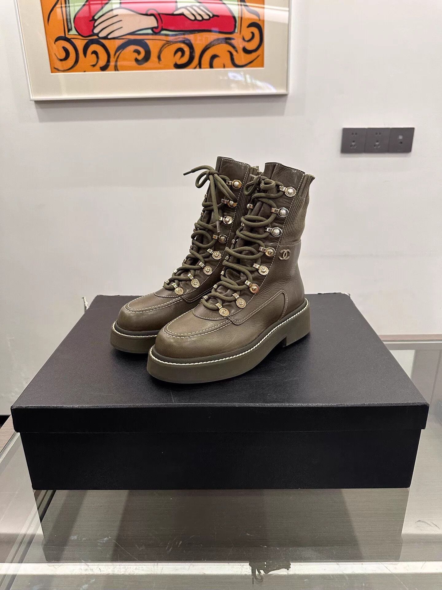 Chanel Chanel Women's Military Green Platform Ankle Boots 36.5 Size US 6 / IT 36 - 1 Thumbnail