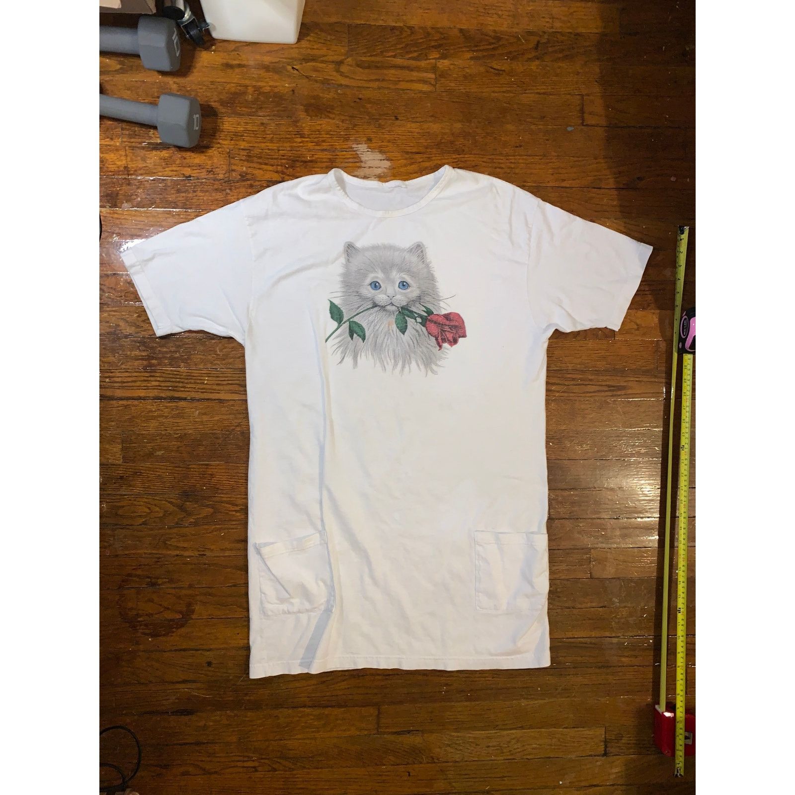 Other × Vintage Cat Rose T Shirt Dress Nightshirt Single Stitch White XL Size ONE SIZE - 2 Thumbnail