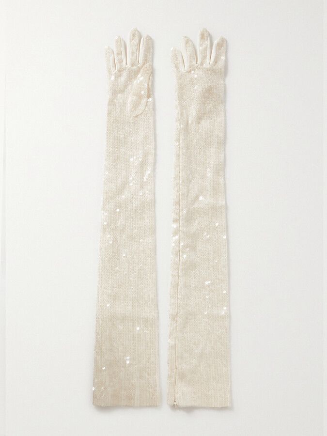 Bottega Veneta o1w1db10824 Size: 7 / Sheer Jersey Sequins Gloves in White Size ONE SIZE - 1 Thumbnail