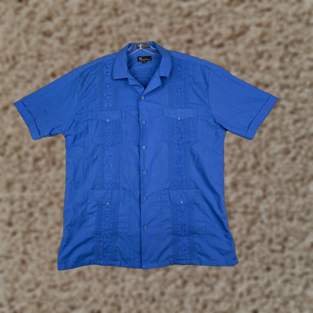 Omega Omega Fashion Guayabera Shirt Men 17.5 Blue Cotton Polyester Blend 4 Pocket Button-Up Size US XXL / EU 58 / 5 - 1 Thumbnail