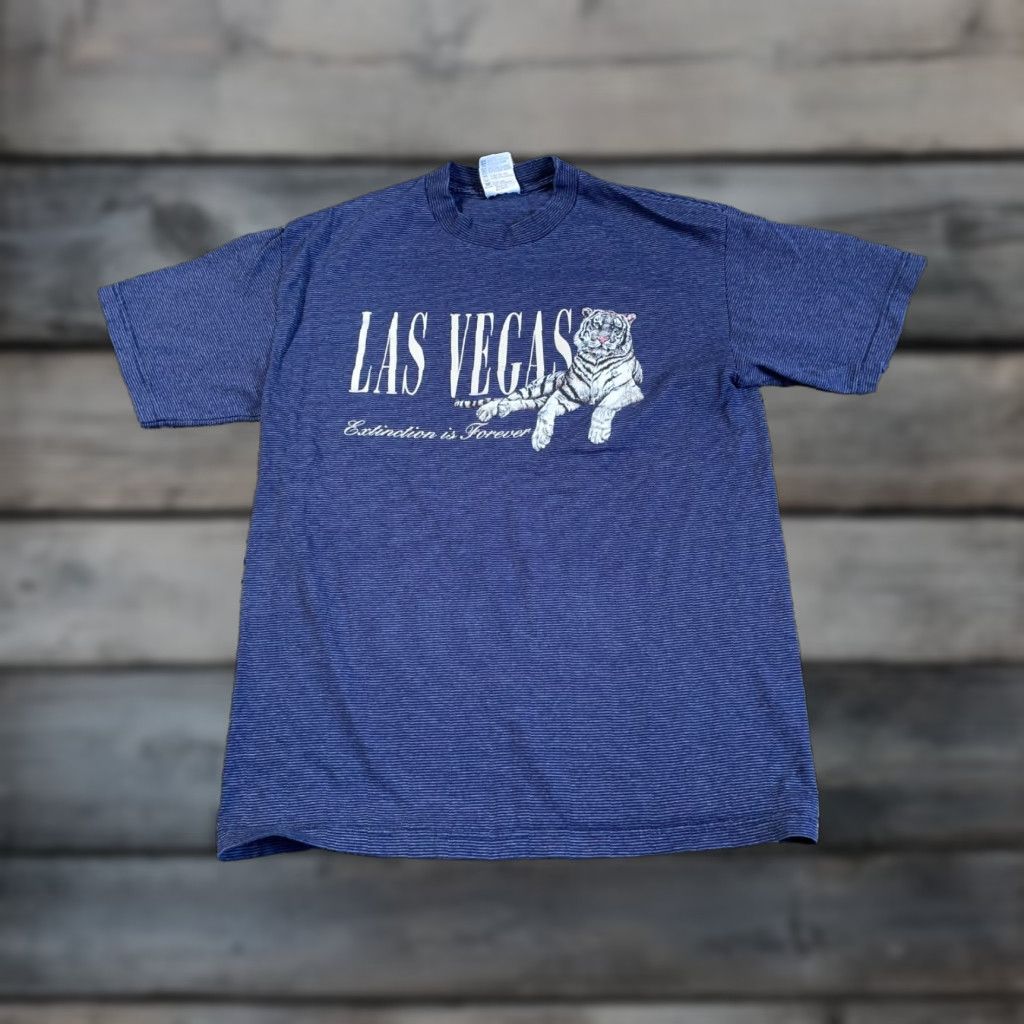 Vintage VTG 90s Las Vegas Tigers Extinction Print T-Shirt Adult Medium Blue Striped USA Shirt Size US M / EU 48-50 / 2 - 1 Thumbnail