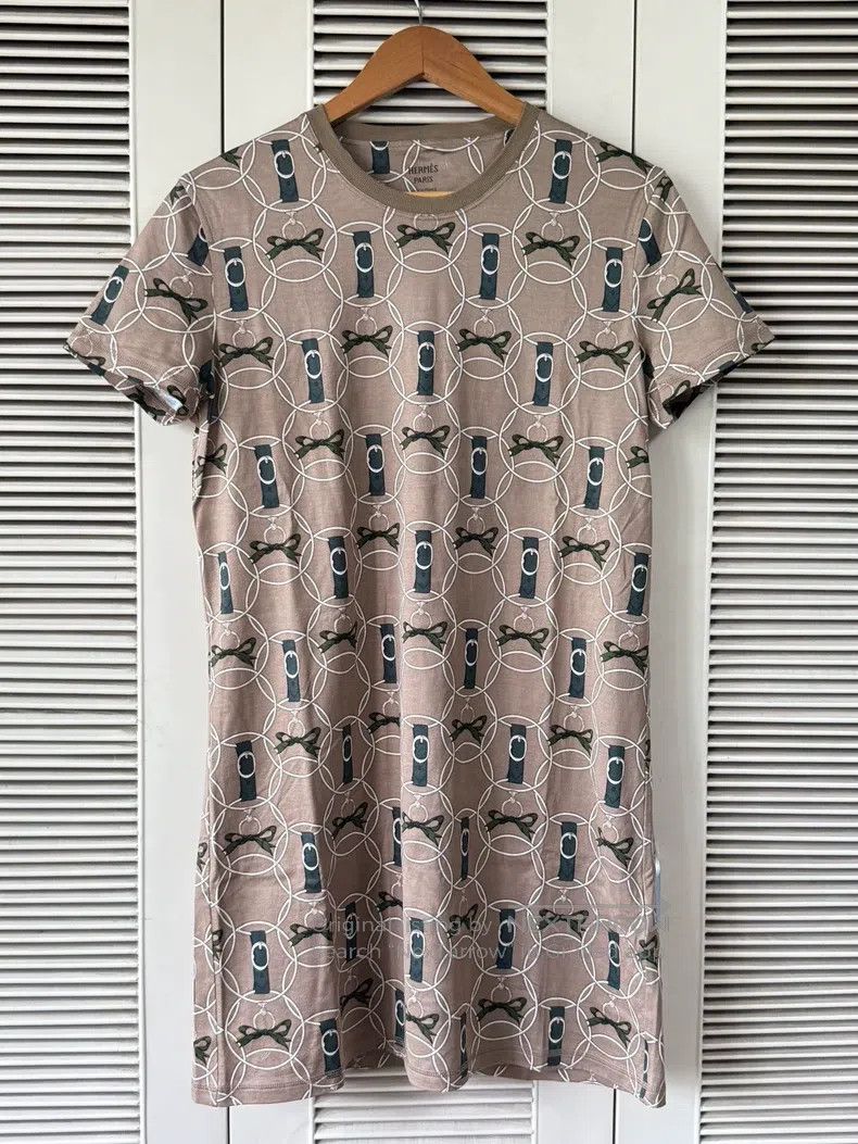 Hermes classic geometric print dress brown 100% pure cot