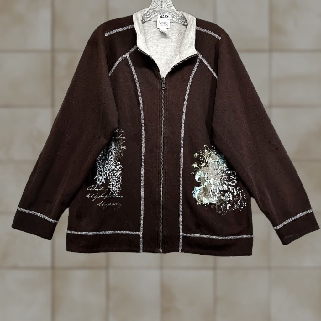 Vintage Chico's Zenergy Women's Jacket Size XL Brown Geometric Full Zip Casual 90s Size XL / US 12-14 / IT 48-50 - 1 Thumbnail