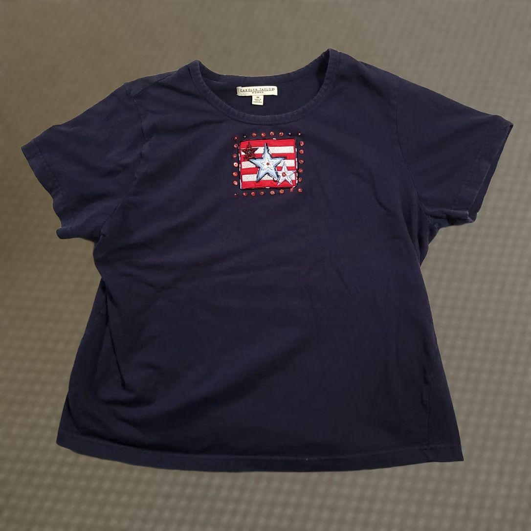 Vintage Carolyn Taylor Shirt Plus 1X Blue Short Sleeve Top USA Flag Stars Womens Size XL / US 12-14 / IT 48-50 - 1 Thumbnail