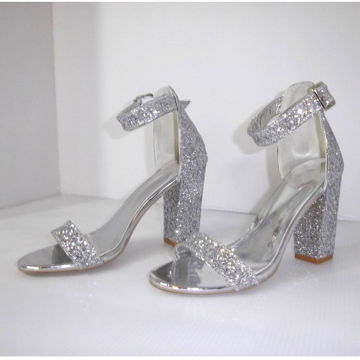Other Sliver Glitter Open Toe Ankle Strap 4" Chunky Block Heel Size US 8.5 / IT 38.5 - 1 Thumbnail