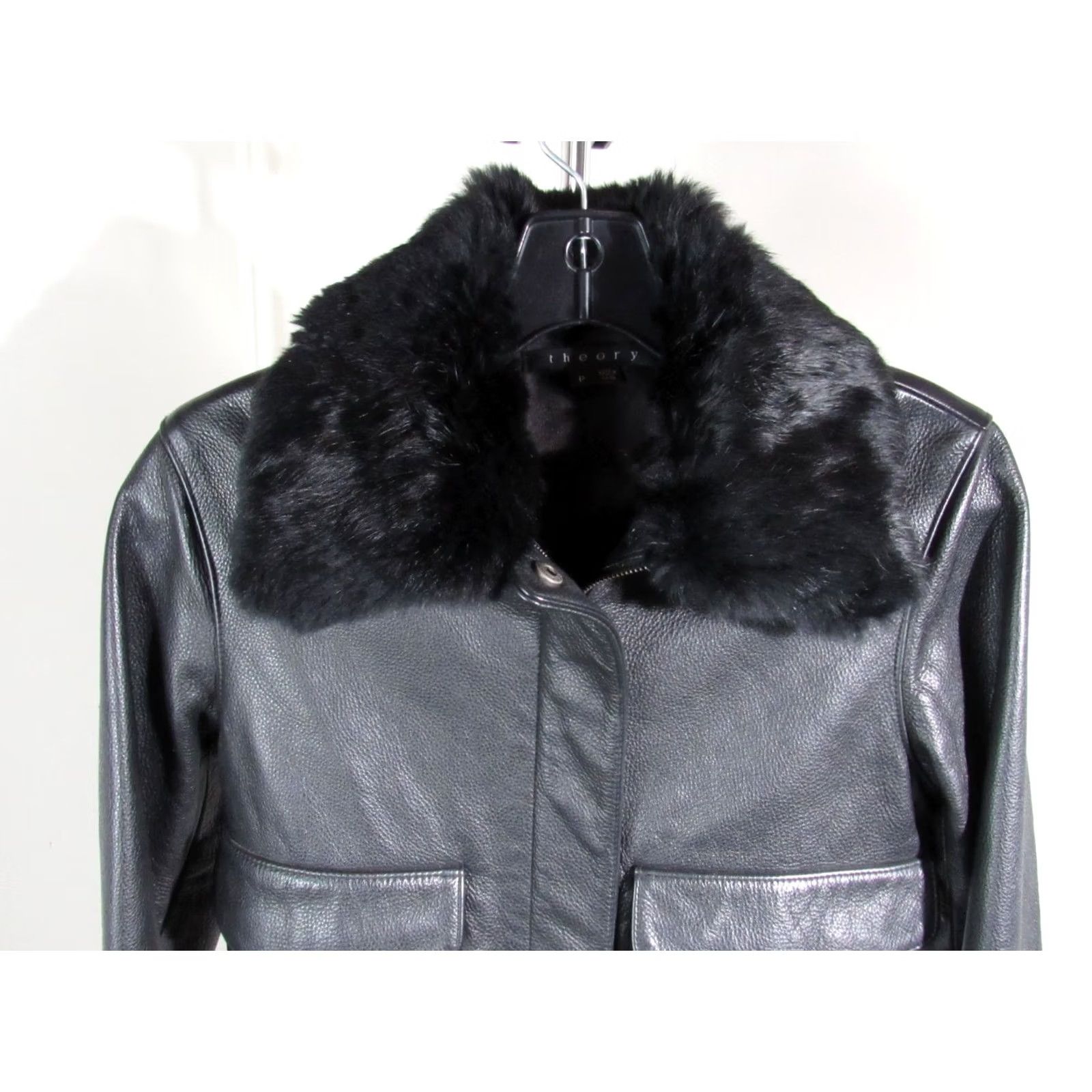 Theory THEORY Leather Bomber Jacket Black Pebbled with Rabbit Fur Collar Size Ppp? (PP) Womens Short Sleeve Zip Size ONE SIZE - 3 Thumbnail