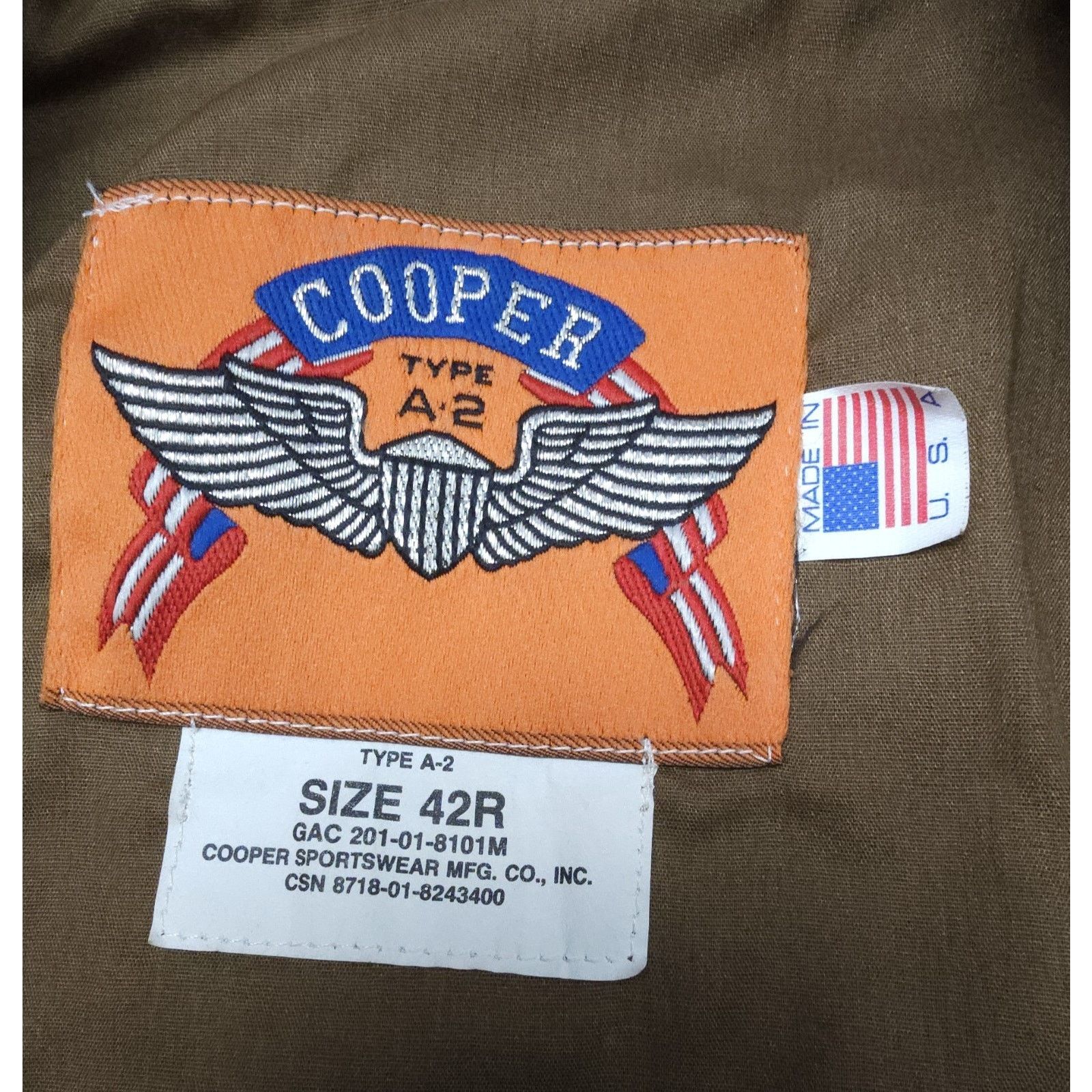 Cooper Type A-2 USAF Leather Bomber Pilot Flight Jacket 42R