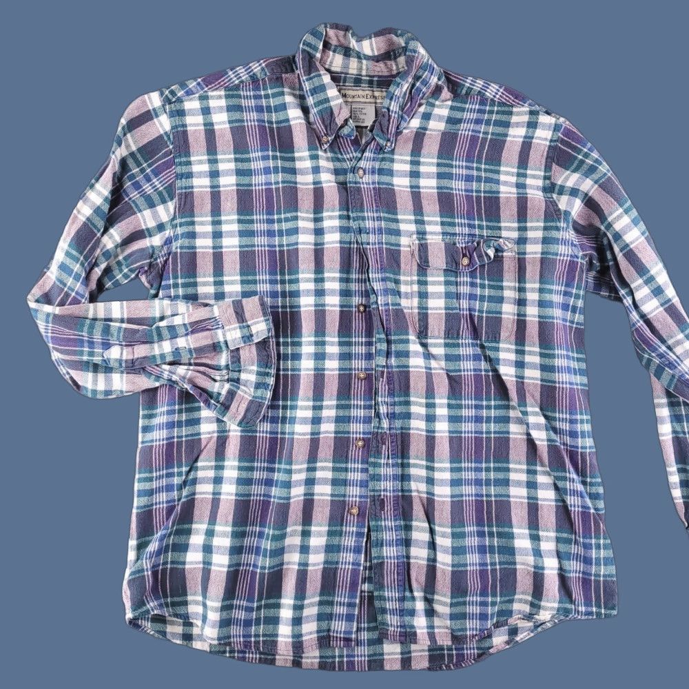 Express VINTAGE Mountain Express Shirt Mens L Blue Plaid Flannel Cotton Thick Retro Baggy Fit Button-Up Size US L / EU 52-54 / 3 - 1 Thumbnail