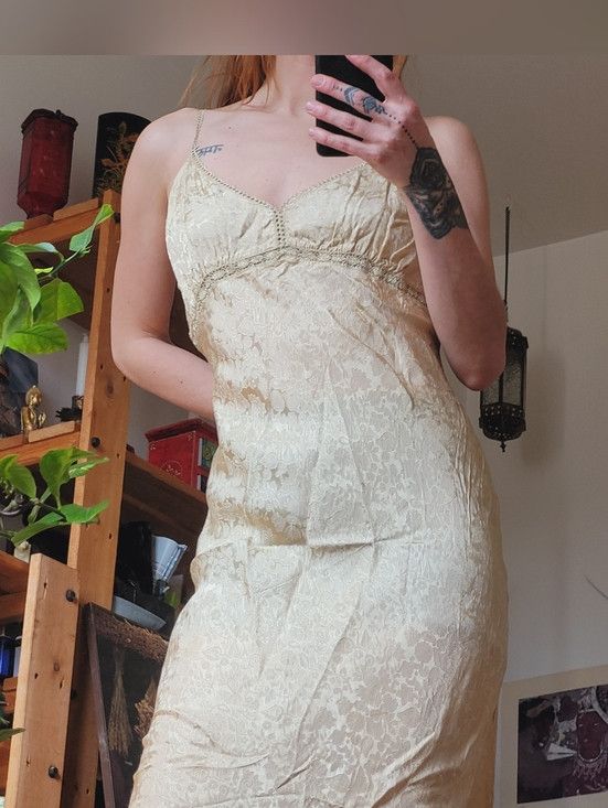 Zara Zara Woman Gold Satiny Lace Maxi Goddess Dress - Size 10 Size L / US 10 / IT 46 - 3 Thumbnail