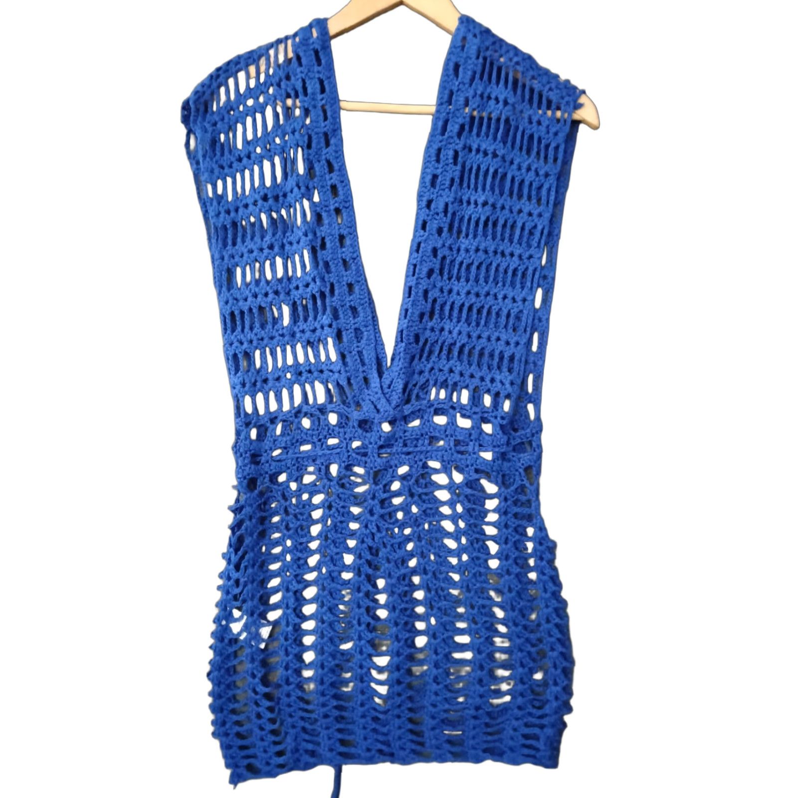 Vintage Codigo Crochet Knitted Blue V-Neck Beach Mini Dress L Size L / US 10 / IT 46 - 1 Thumbnail