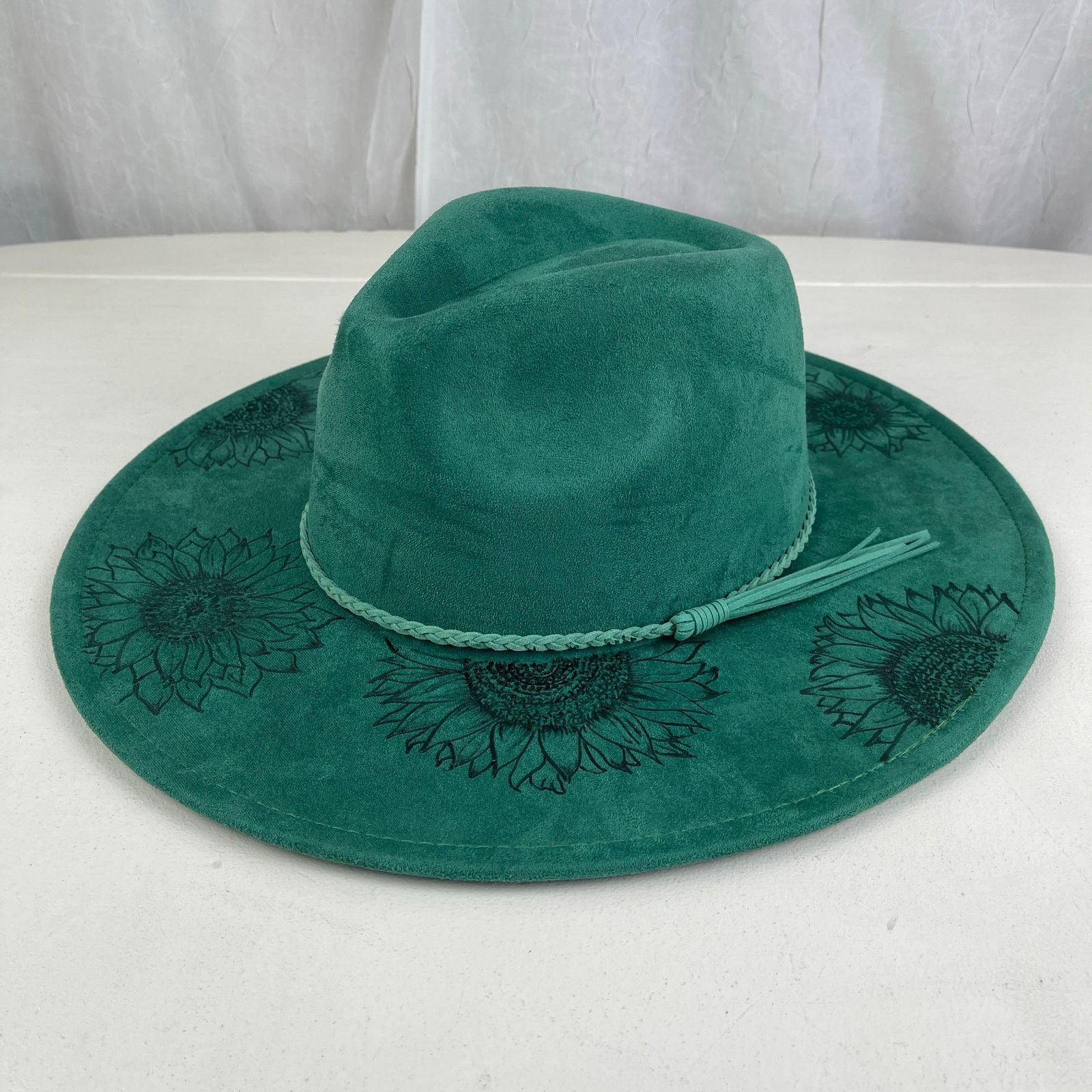 Handmade Green Faux Suede Wide Flat Brim Hat Sunflowers ADJUSTABLE SZ Size ONE SIZE - 3 Thumbnail