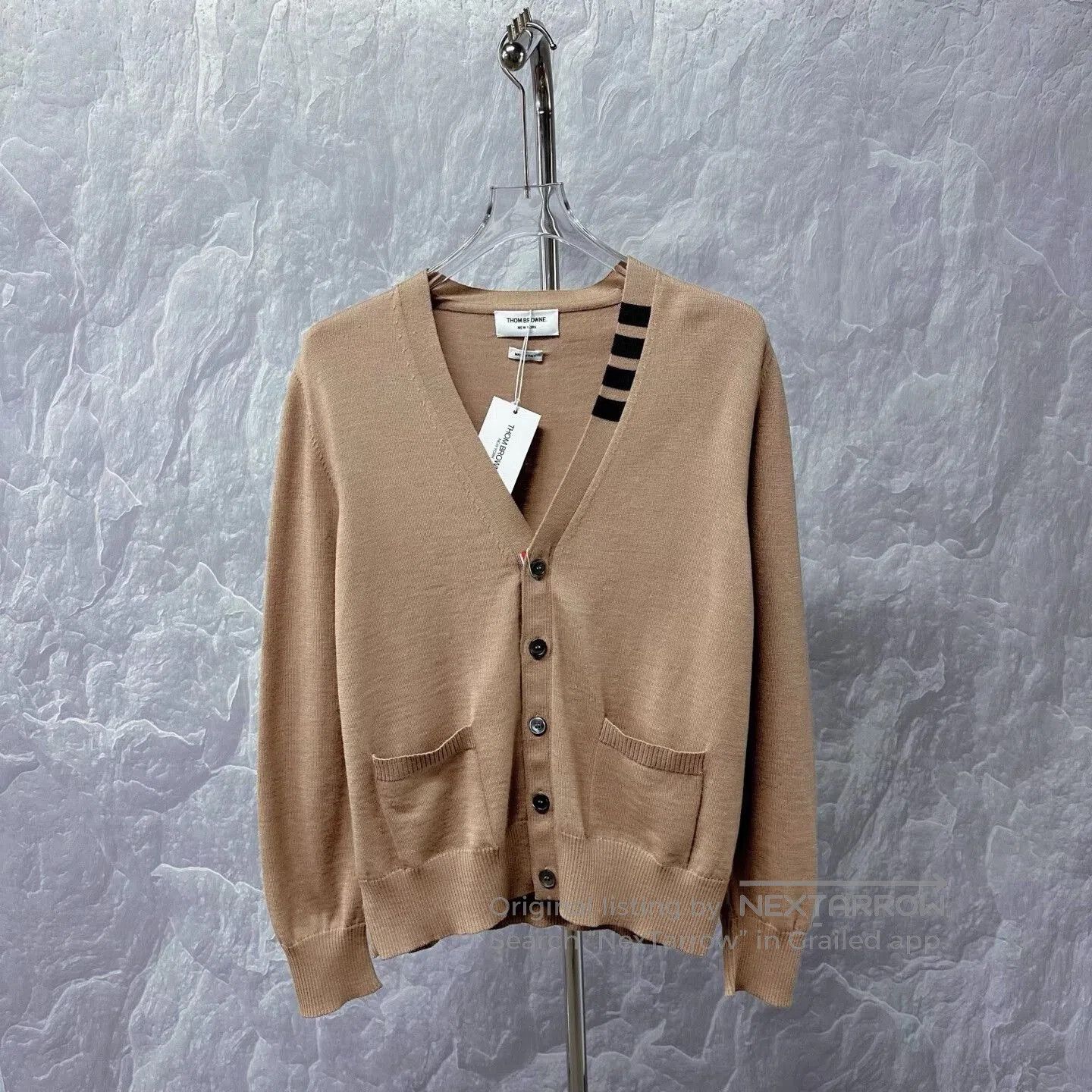thom browne v-neck wool cardigan in beige.