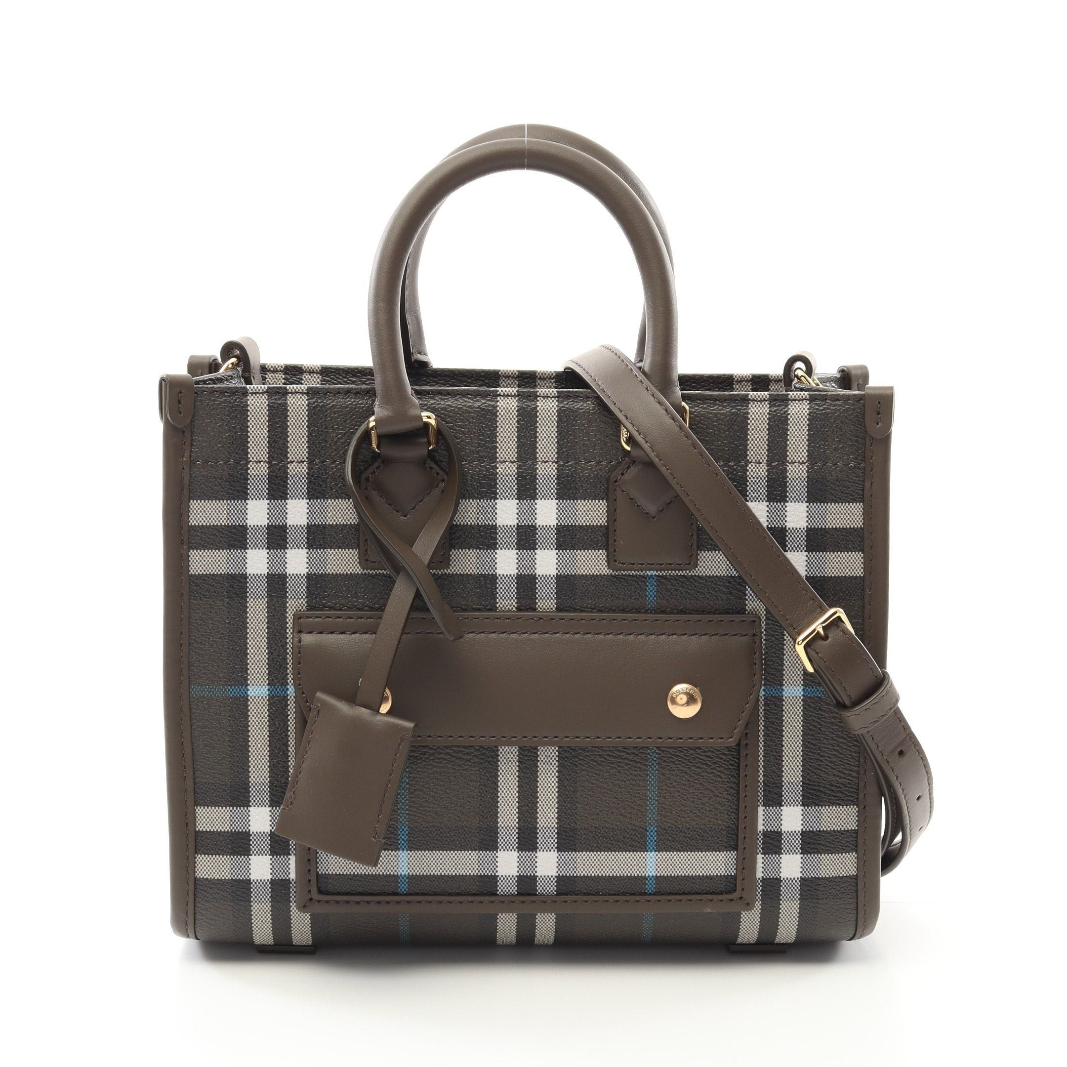 Burberry Burberry Mn Freya Tote Handbag Bag Check Leather Dark Green White Black Size ONE SIZE - 1 Thumbnail