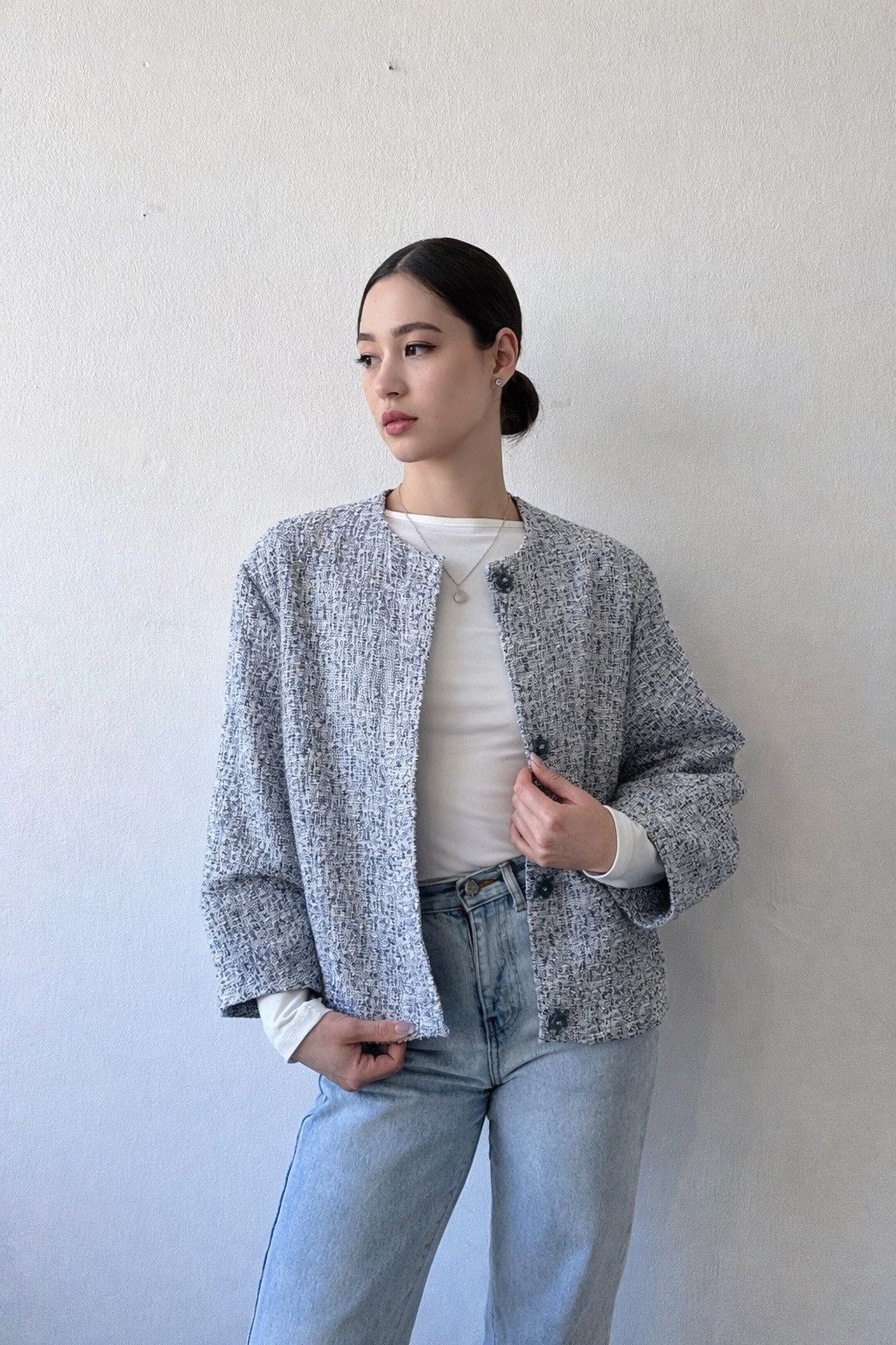 CHANEL Boutique 90s Tweed Bomber Jacket Boxy Fit Authentic