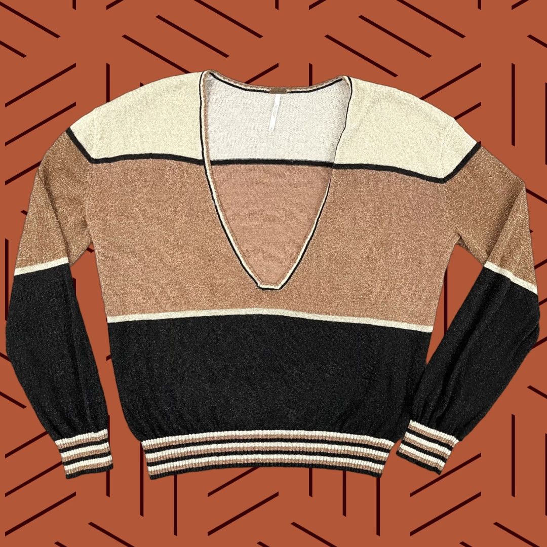 Free People Free People Sweater Womens Medium Gold Dust Linen Metallic Deep V-Neck Pullover Size M / US 6-8 / IT 42-44 - 1 Thumbnail