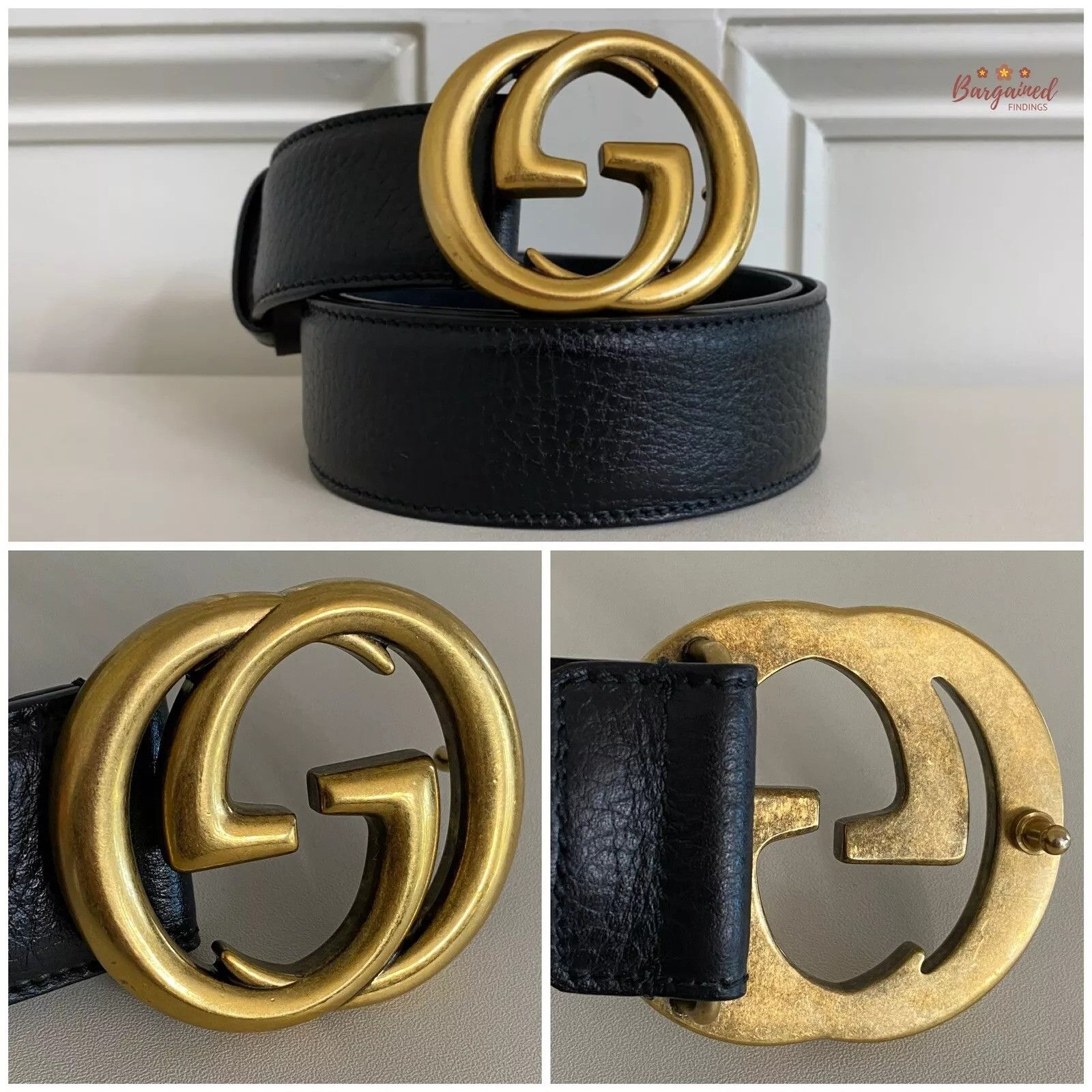 Gucci Gucci Pebbled Calfskin Leather Gold Double G Buckle Belt Size 28 - 2 Thumbnail