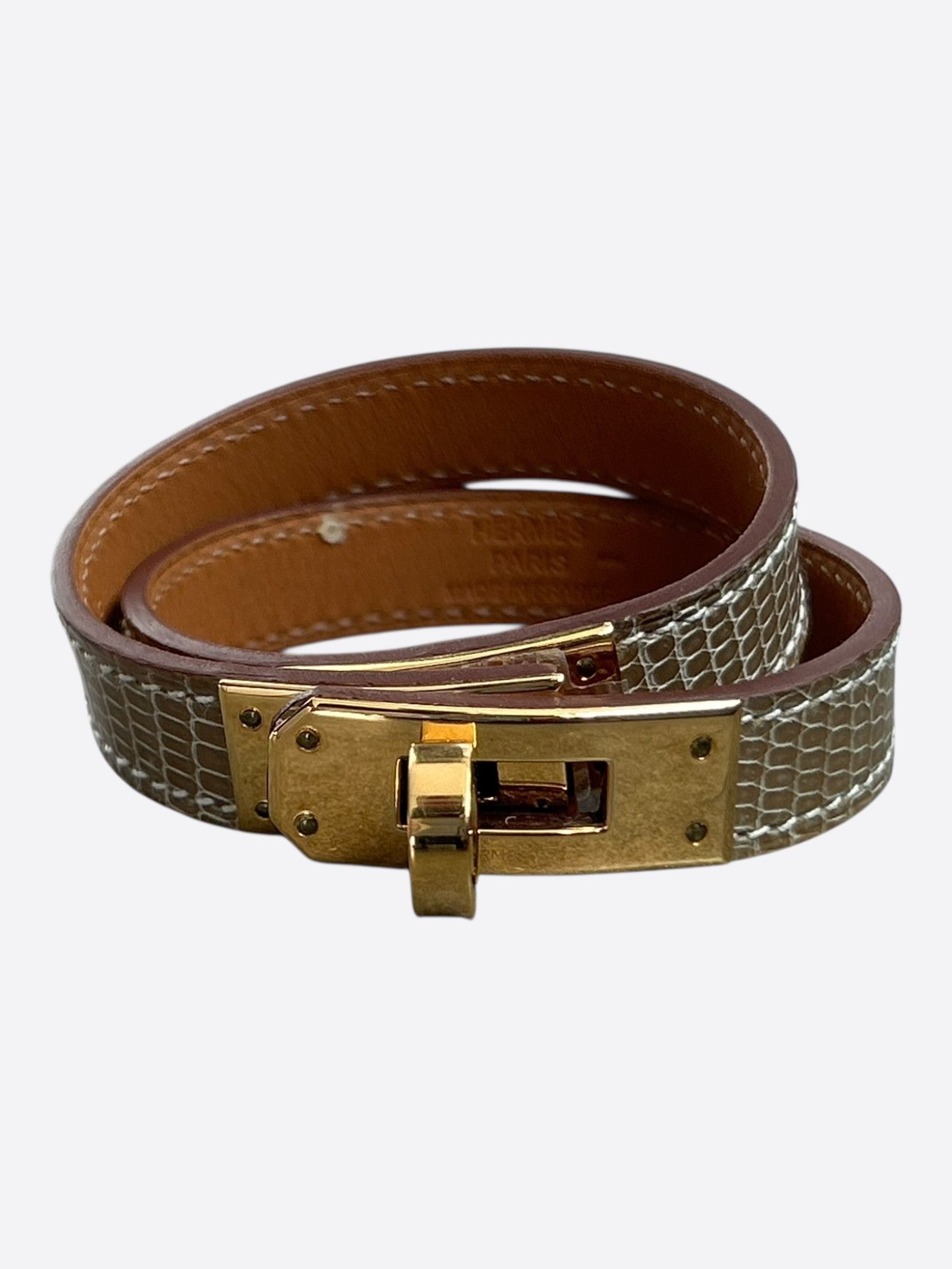 Hermes Brown Lizard & Gold Hardware Kelly Double Tour Bracelet Size ONE SIZE - 1 Thumbnail