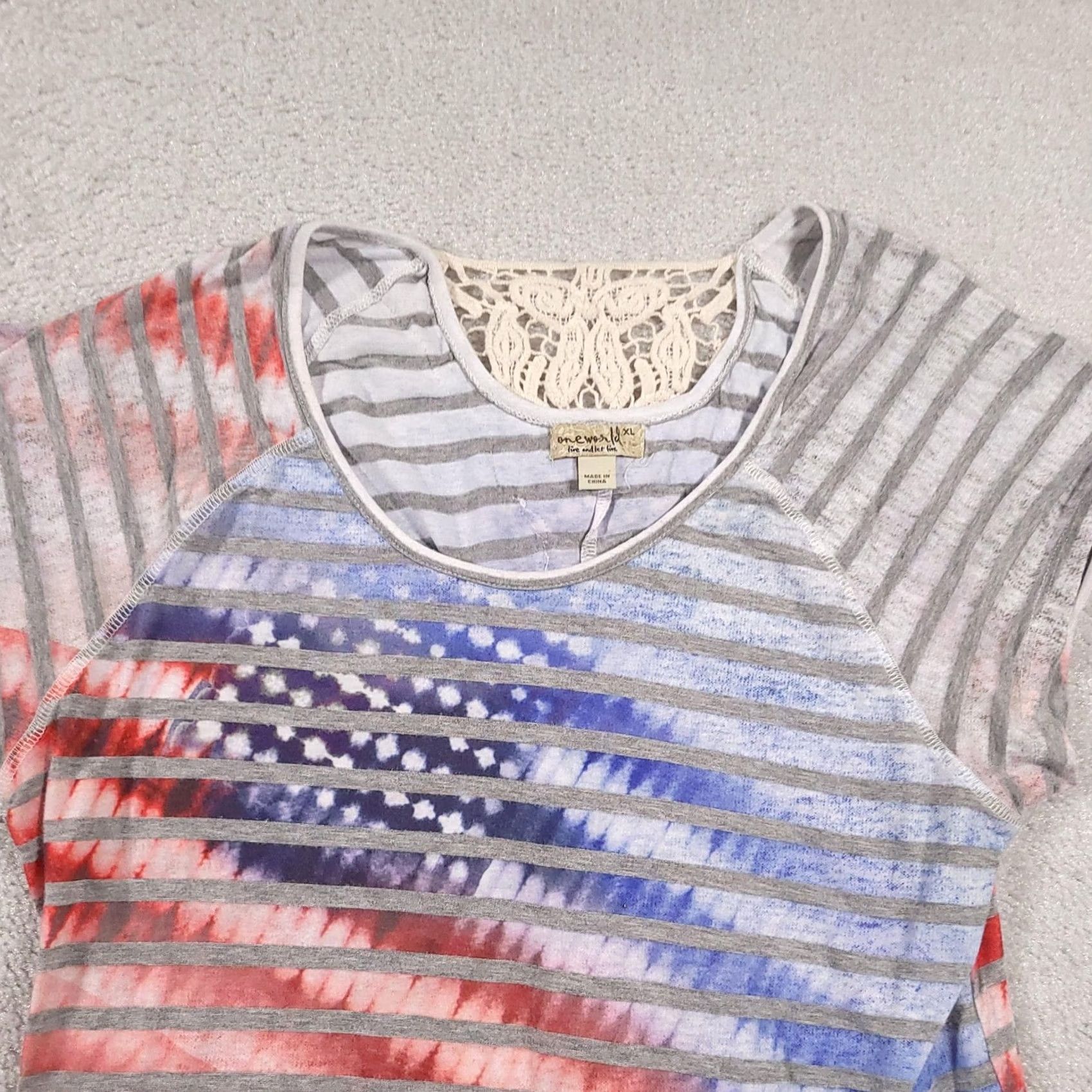 Vintage VINTAGE One World Shirt Womens XL Gray Red Blue Striped Lace Back Boho Patriotic Top Size XL / US 12-14 / IT 48-50 - 3 Thumbnail