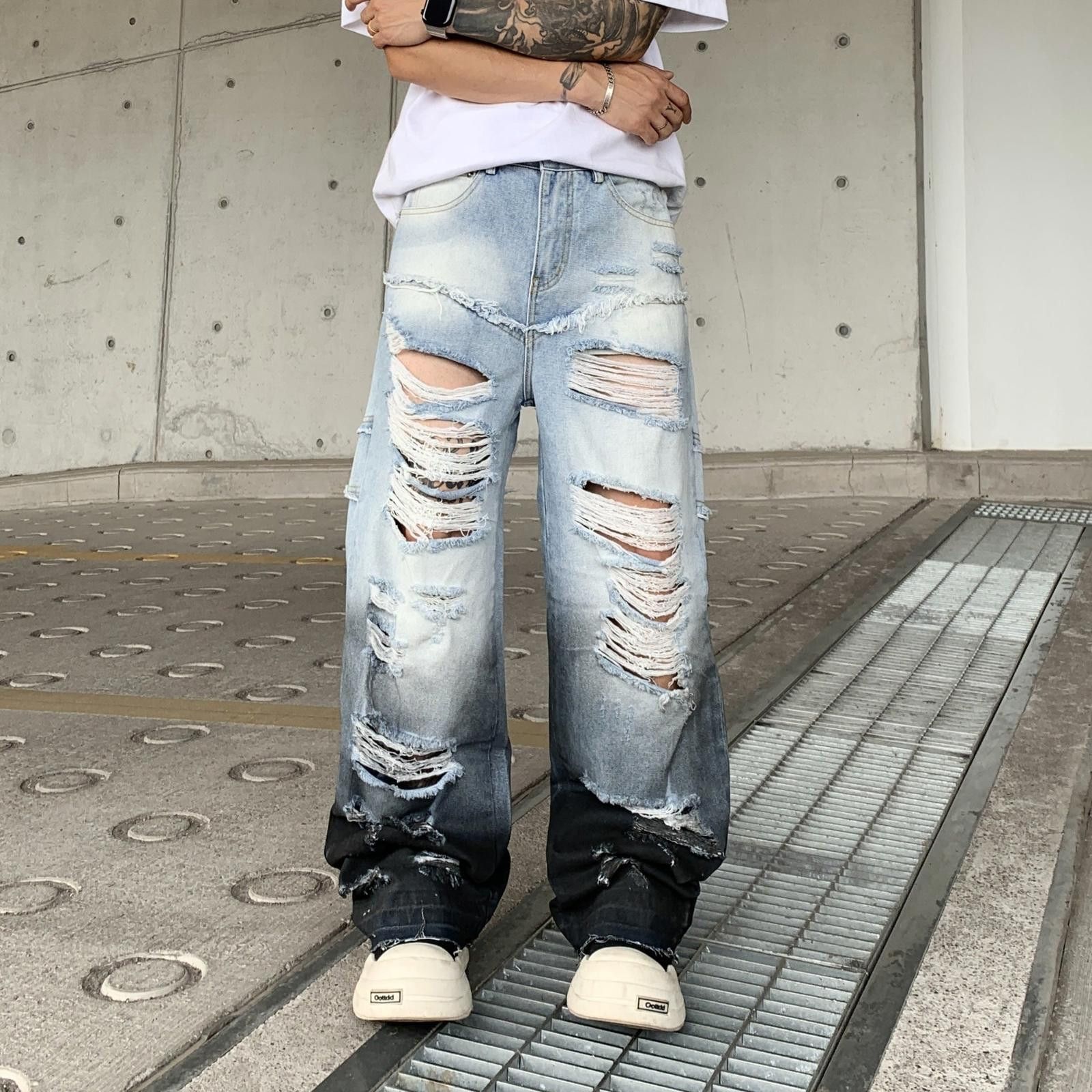 Japanese Brand Light Blue Distressed Baggy Wide Leg Jeans Size US 32 / EU 48 - 1 Thumbnail