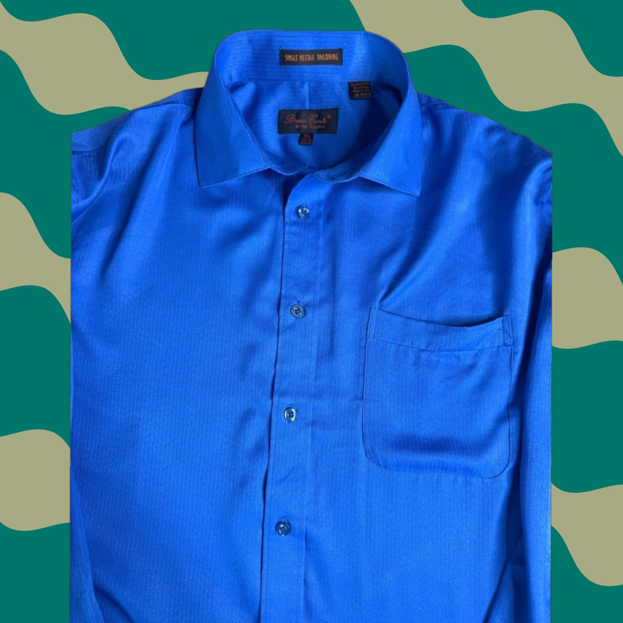 Vintage Bruno Conte Dress Shirt Herringbone Long Sleeve Blue 16.5 Regular Cuff Links French Collar Men’s Dress Shirt Size 46R - 1 Thumbnail