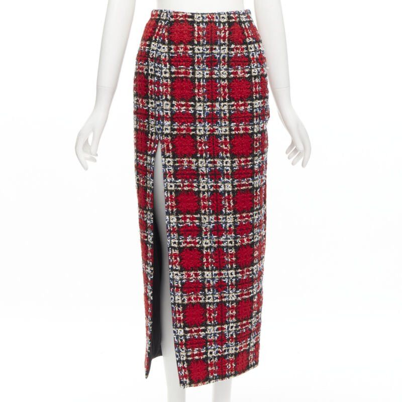 Halpern HALPERN red plaid check tweed high slit pencil midi skirt FR34 XS Size 26" / US 2 / IT 38 - 1 Thumbnail