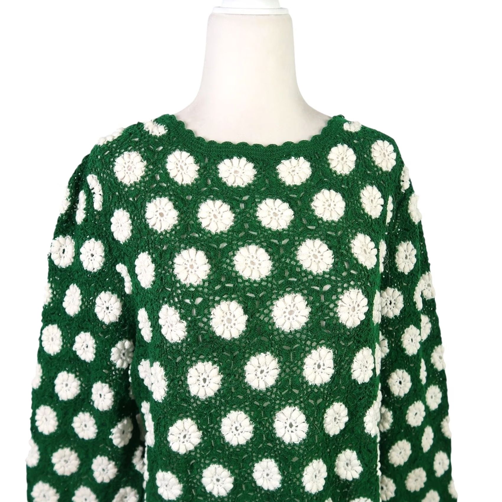Vintage VINTAGE Sweater Floral Crochet Knit Dark Green White L Womens Long Sleeve Pullover Acrylic Bohemian Hippie 70s Size L / US 10 / IT 46 - 2 Thumbnail