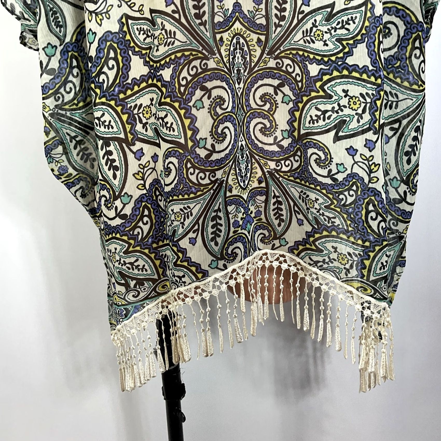 Vintage VINTAGE BECCA fringe trim swim cover up kaftan blue Paisley Floral XS Women Cover Up Fringe XS Blue Paisley Floral Size ONE SIZE - 7 Thumbnail