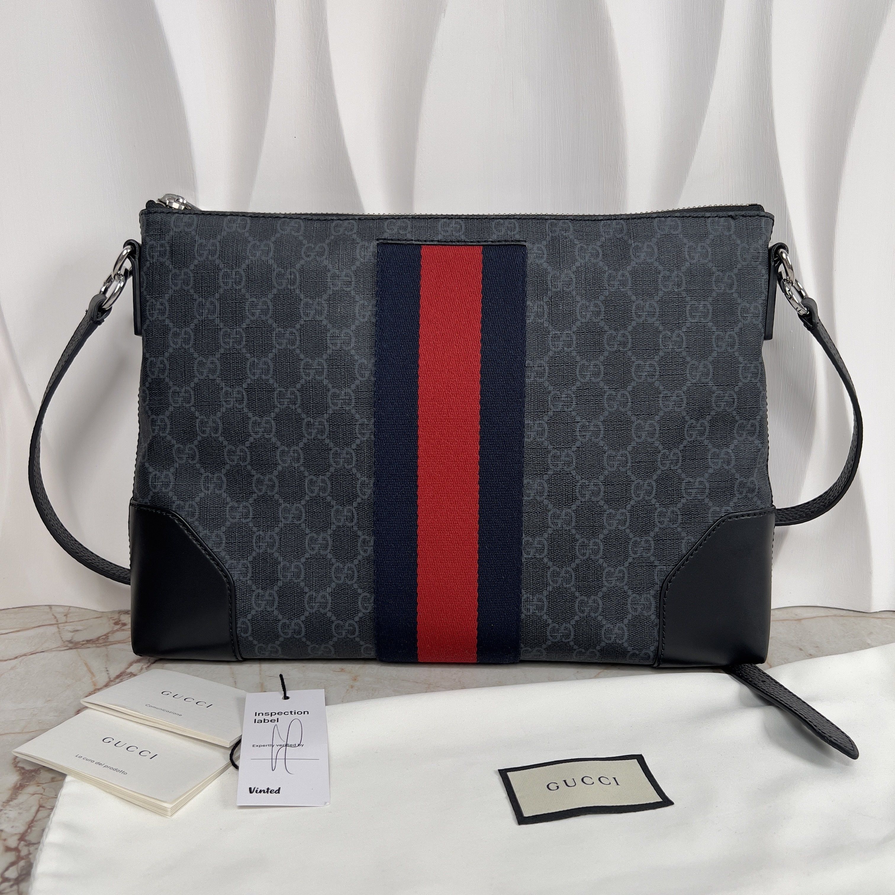 Gucci Gg Supreme Canvas Messenger Bag Laptop & Lacoste Strap in Grey, Men's