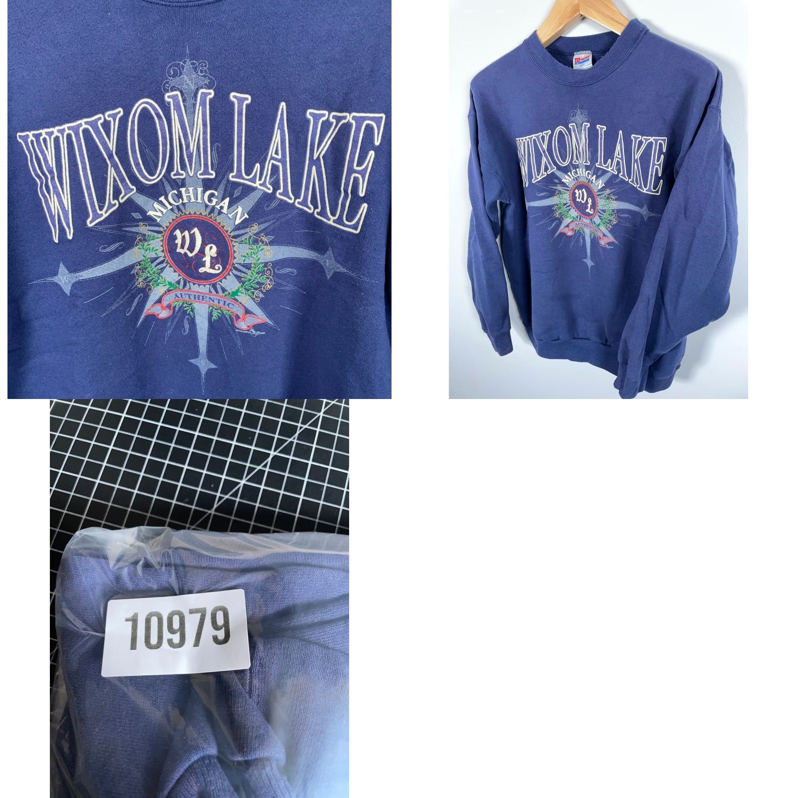 Hanes VINTAGE Hanes Sweatshirt Crewneck 90s Nautical Dark Blue Men Large Woolly Cotton Fleece Graphic Print Logo City Wixom Lake Michigan Size US L / EU 52-54 / 3 - 9 Thumbnail