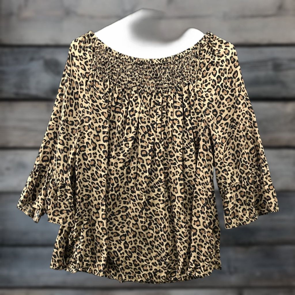 Vintage Beach Lunch Lounge Leopard Print Top Womens L 3/4 Sleeve Ruffle Smocked Peasant Blouse Beige Size L / US 10 / IT 46 - 1 Thumbnail