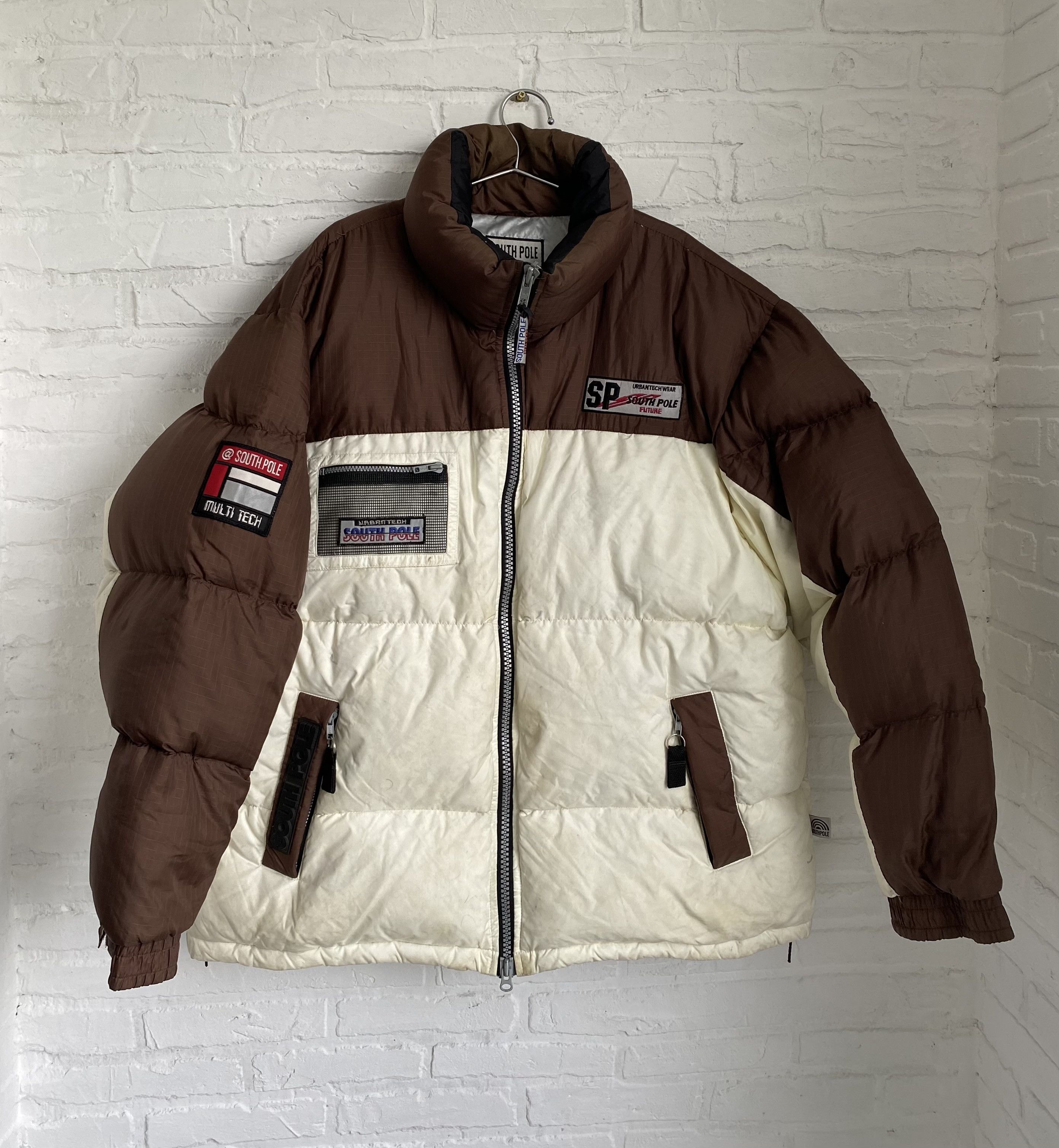 image of 90's Southpole OG Puffer Jacket Y2K in White/Brown, Men's (Size 2XL)