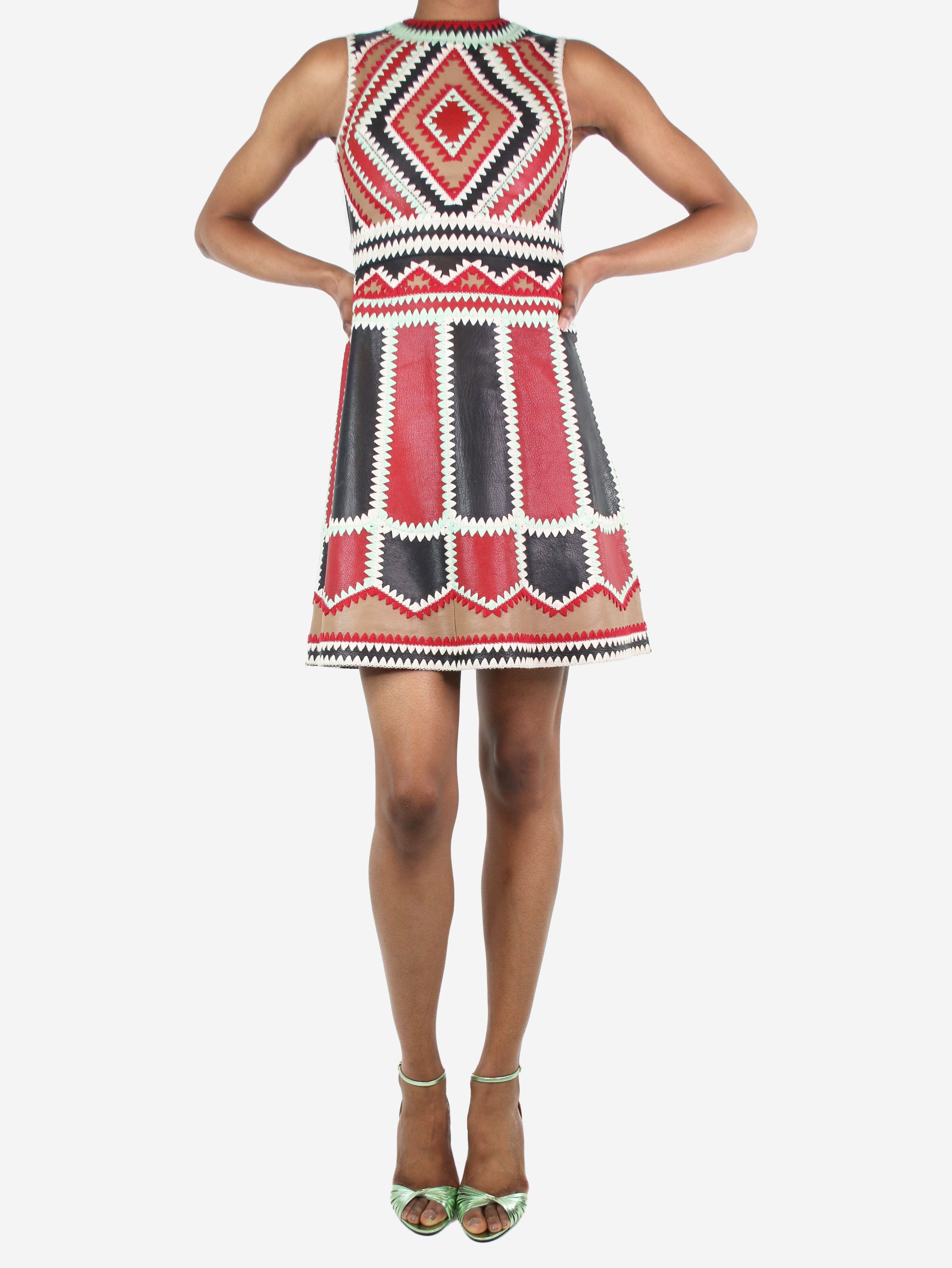 image of Red Valentino Multicoloured Sleeveless Embroidered Leather Dress - Size Uk, Women's