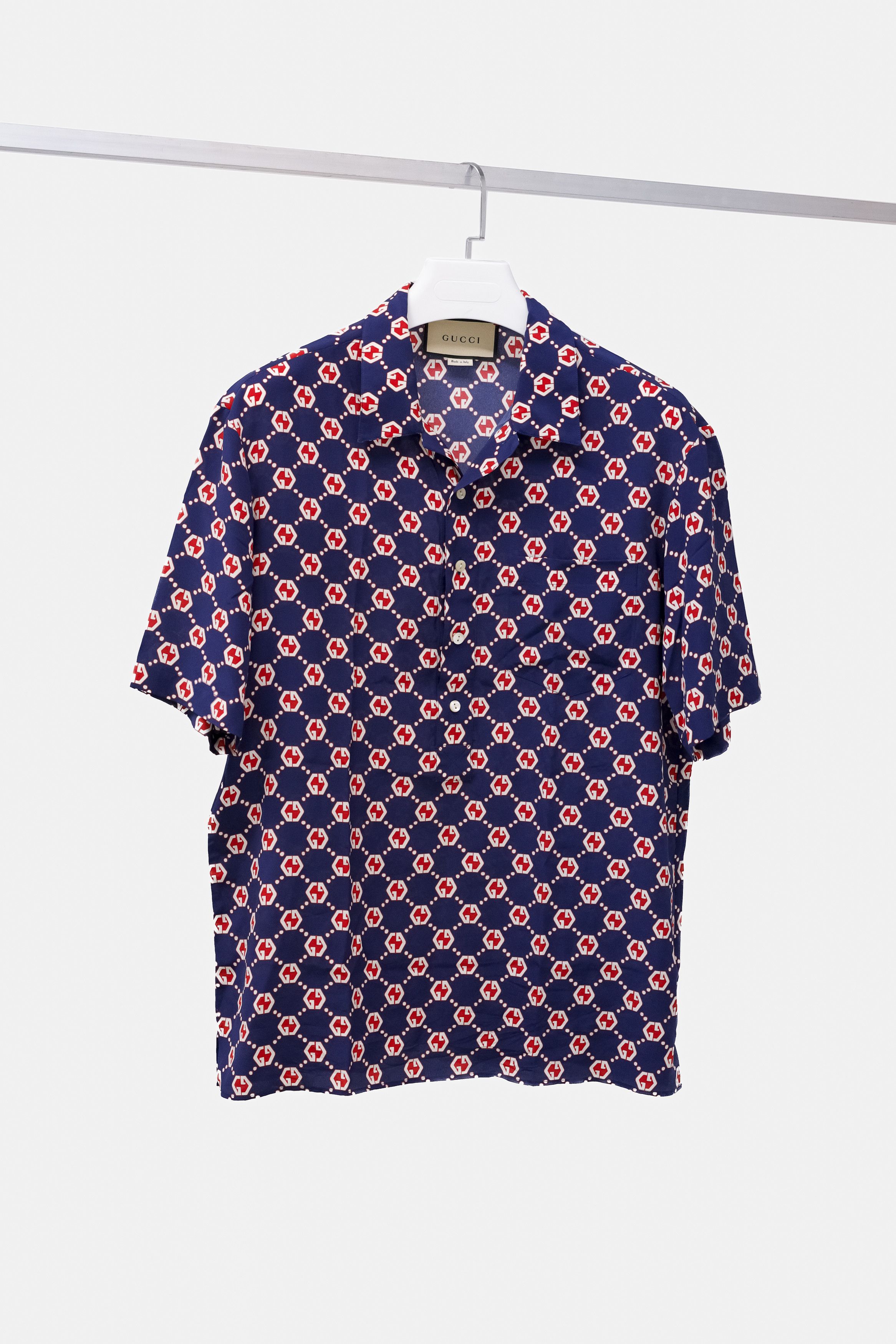 image of Gucci Navy And Red Monogram Silk Shirt, Men's (Size Small)