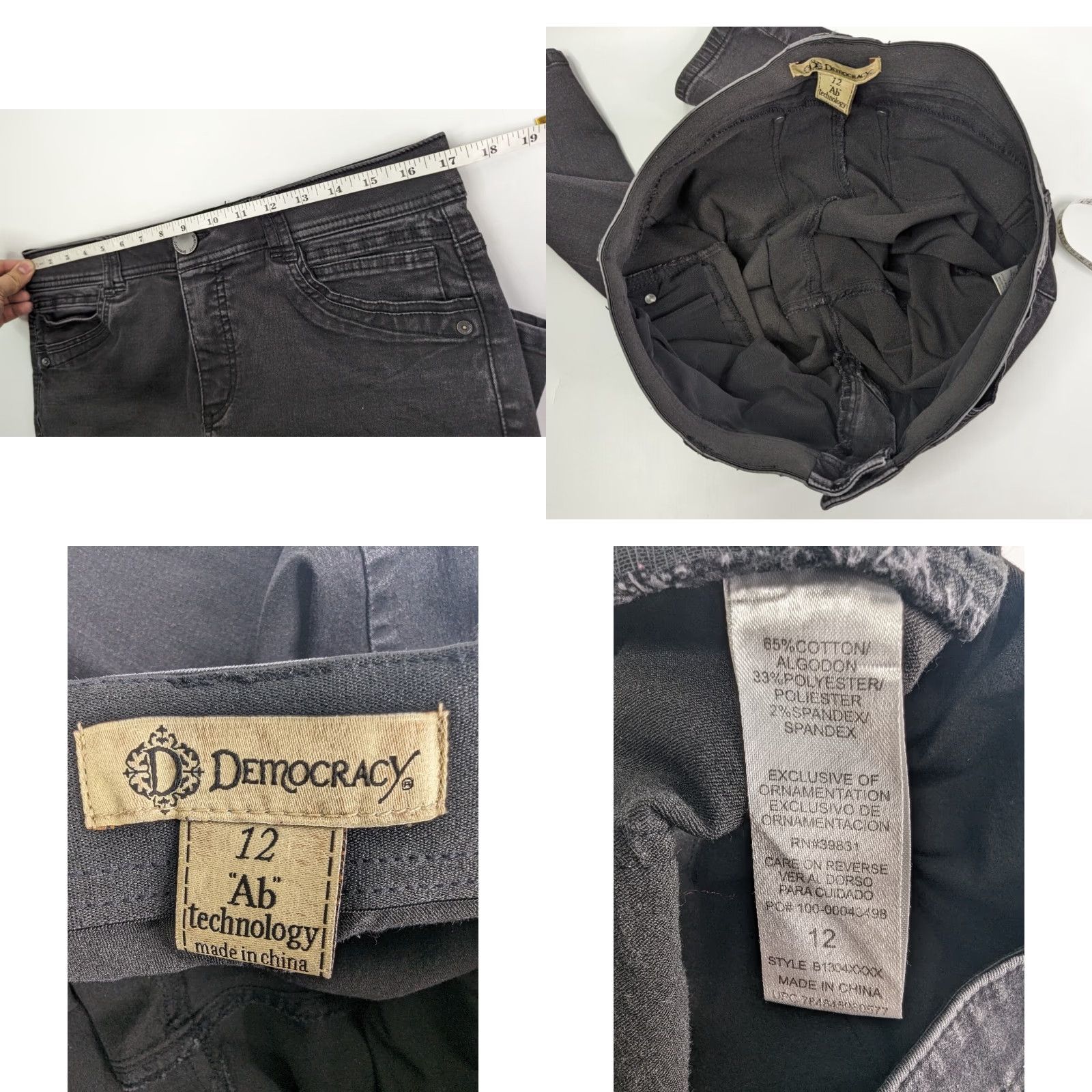 Vintage Democracy Jeans Women's 12 Black Denim Skinny Elastic Waist Belts Loops Pockets Zipper Logo Button Mid Rise Cotton Blend Lycra Spandex Size 34" / US 12 / IT 48 - 8 Thumbnail