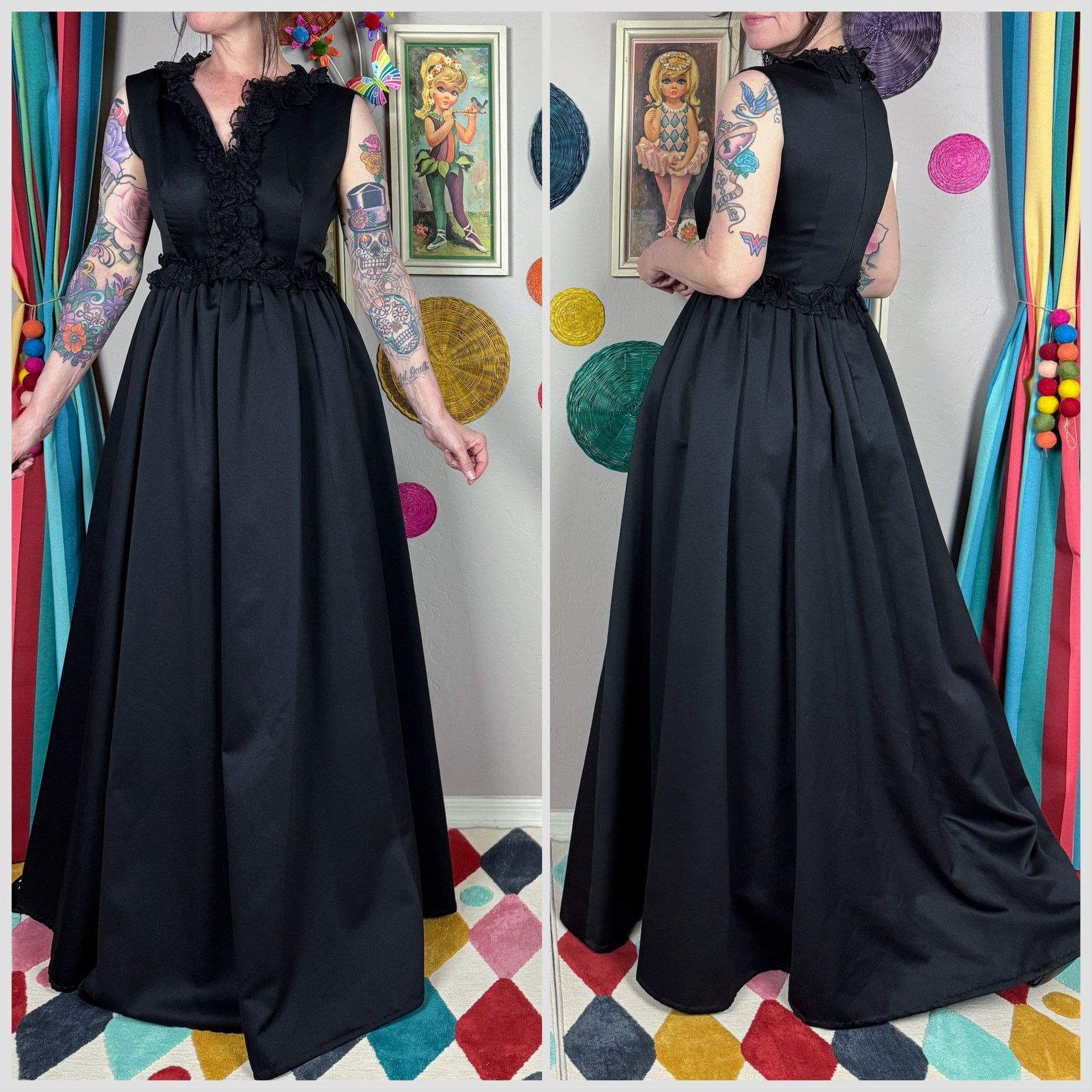 Vintage Vintage 1970s Black Sleeveless Ruffle Lace Satin Ball Gown Size XS / US 0-2 / IT 36-38 - 3 Thumbnail
