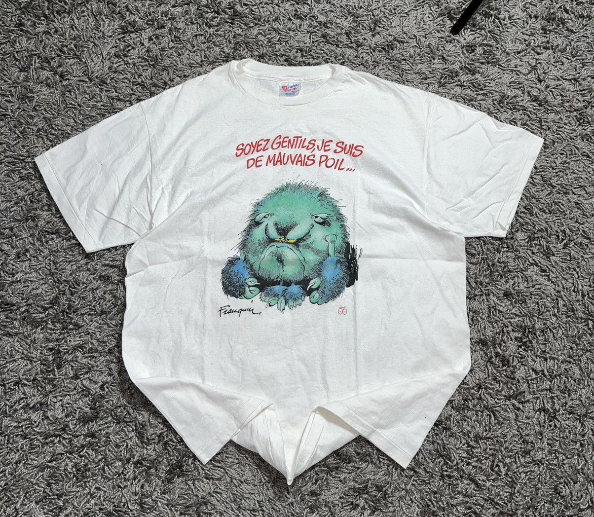 Hanes Vintage 80s Andre Franquin "Soyez Gentils" Monster T-Shirt Size US XL / EU 56 / 4 - 1 Thumbnail