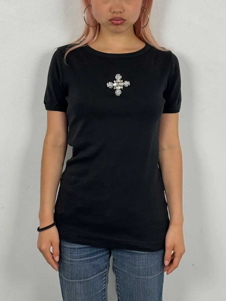 Dolce & Gabbana 2000s Dolce & Gabbana Navy Crystal Cross T-Shirt Size S / US 4 / IT 40 - 1 Thumbnail