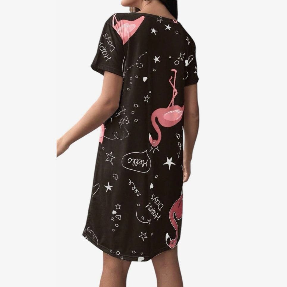 Shein Black Pink Flamingo Letter Print Short Sleeve Nightgown Size ONE SIZE - 3 Thumbnail