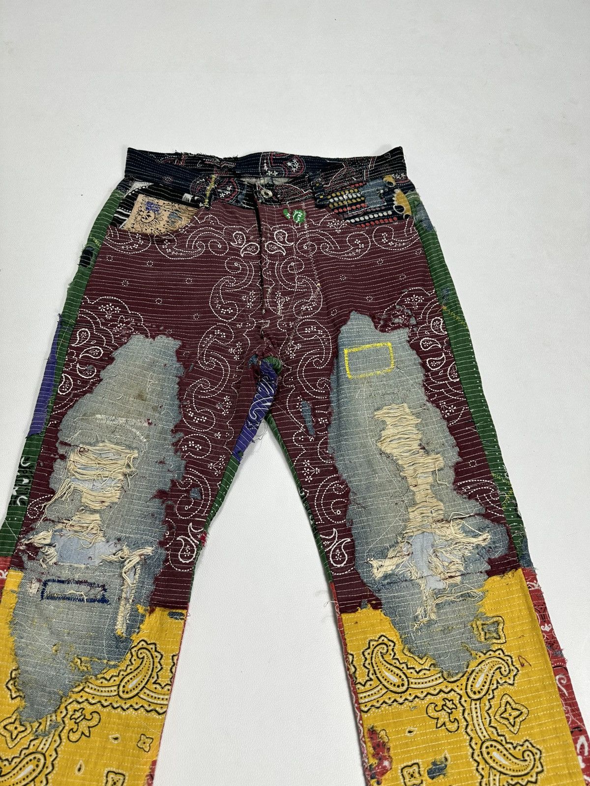 Handmade Custom Made Distressed Paisley Patchwork Boro Jeans pants Size US 30 / EU 46 - 2 Thumbnail