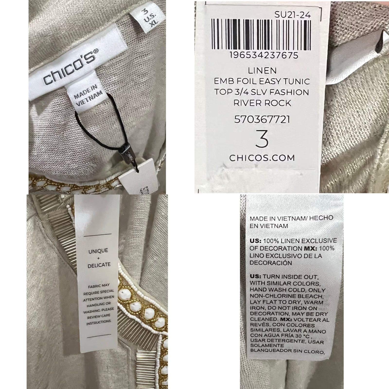 Vintage VINTAGE Chico’s Blouse 3 XL Linen Tunic Beaded Split Neck 3/4 Sleeve Top Beige Mens? Size XL / US 12-14 / IT 48-50 - 8 Thumbnail