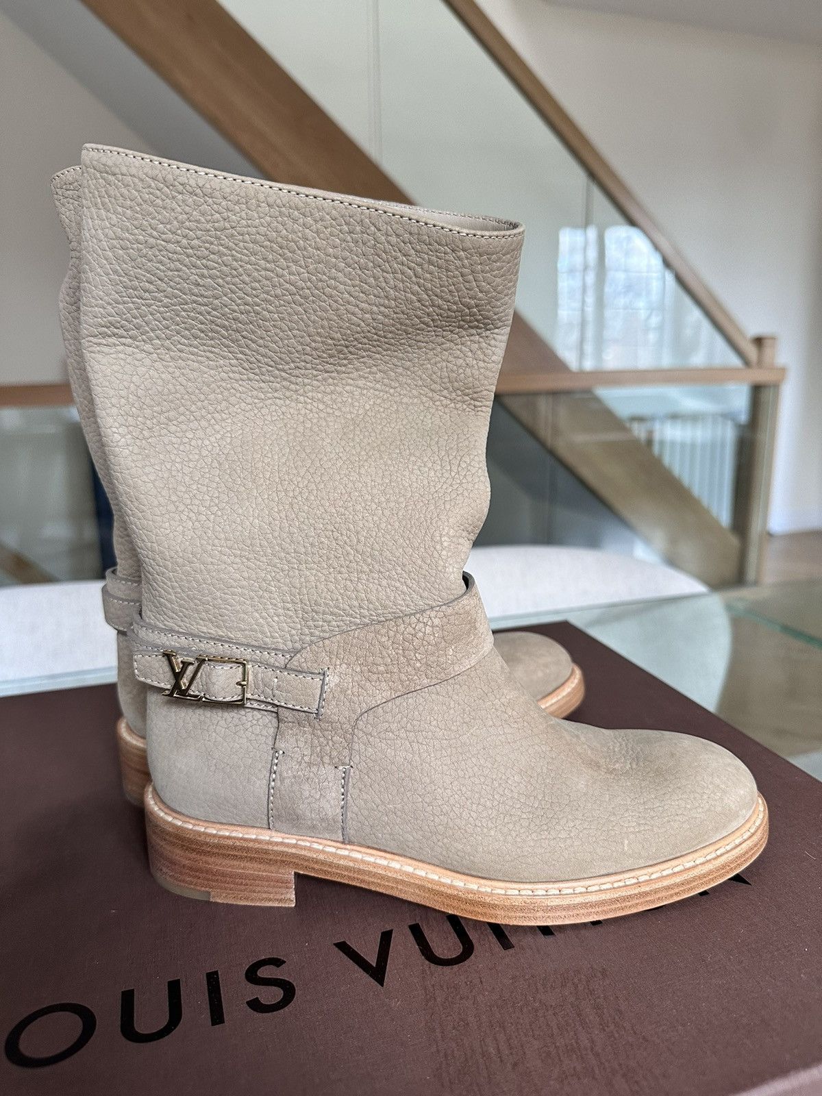 image of Louis Vuitton Logo Nubuck Taupe Pebbled Leather Boots in Beige, Women's (Size 6)