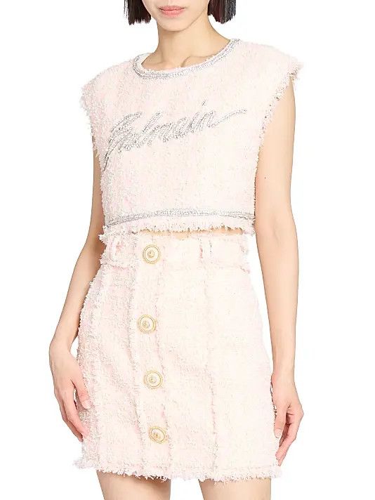 Balmain o1s1wg111225 Embellished Logo Tweed Crop Top in Beige Size M / US 6-8 / IT 42-44 - 2 Thumbnail