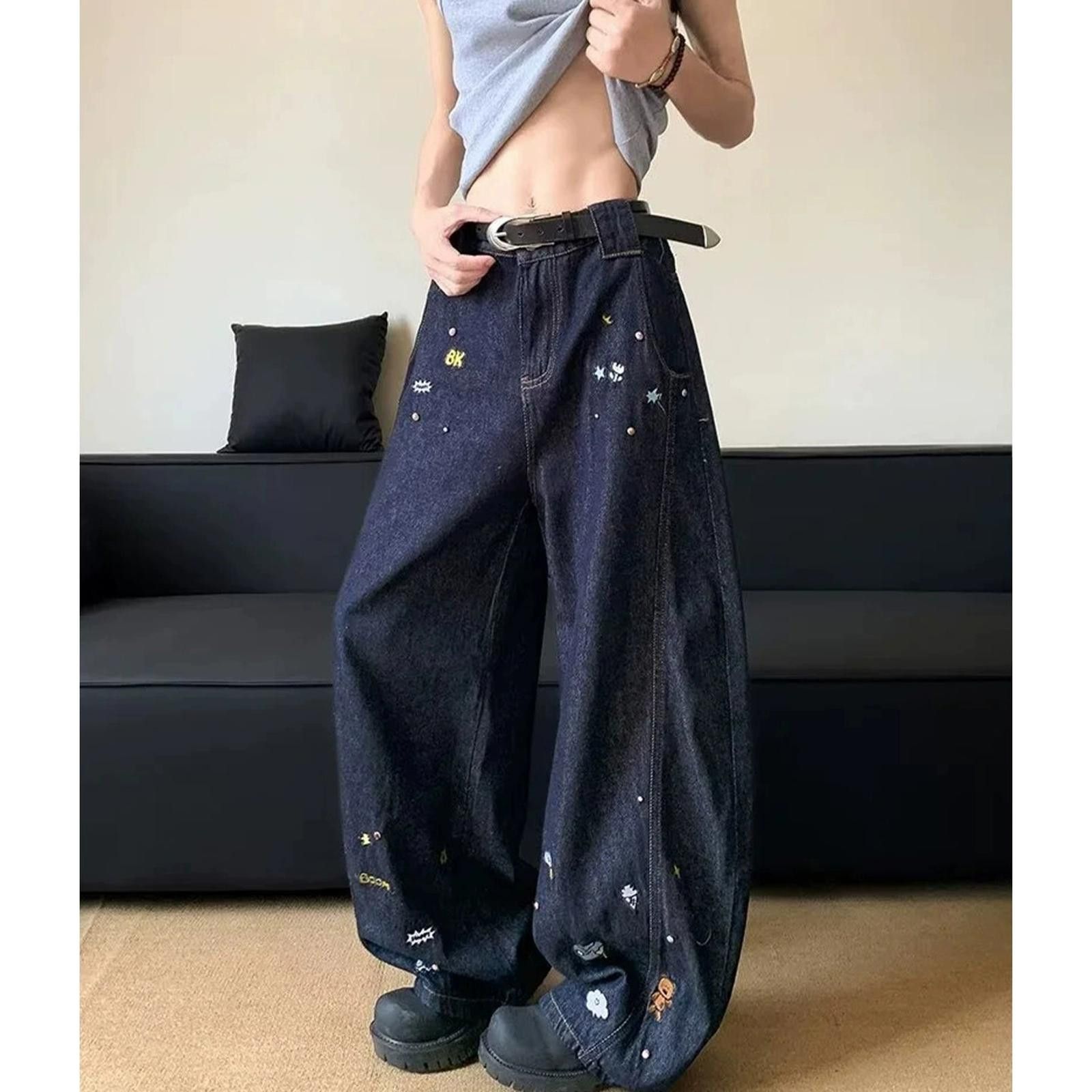 Japanese Brand Dark Paint Splatter Blue Wide Leg Denim Jeans Size US 32 / EU 48 - 8 Thumbnail
